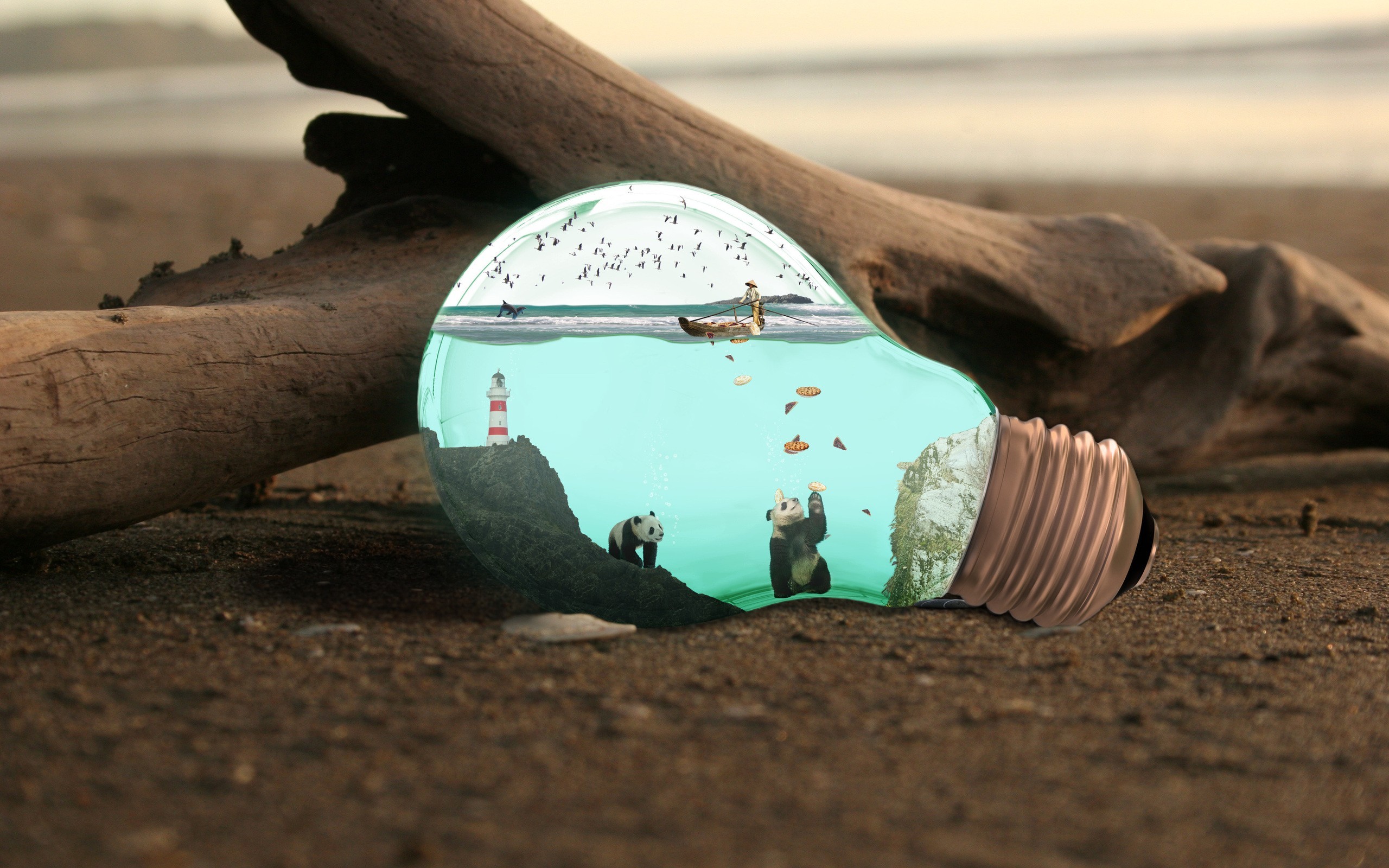 Light bulb with pandas, lighthouse, and boat on a beach HD Wallpaper