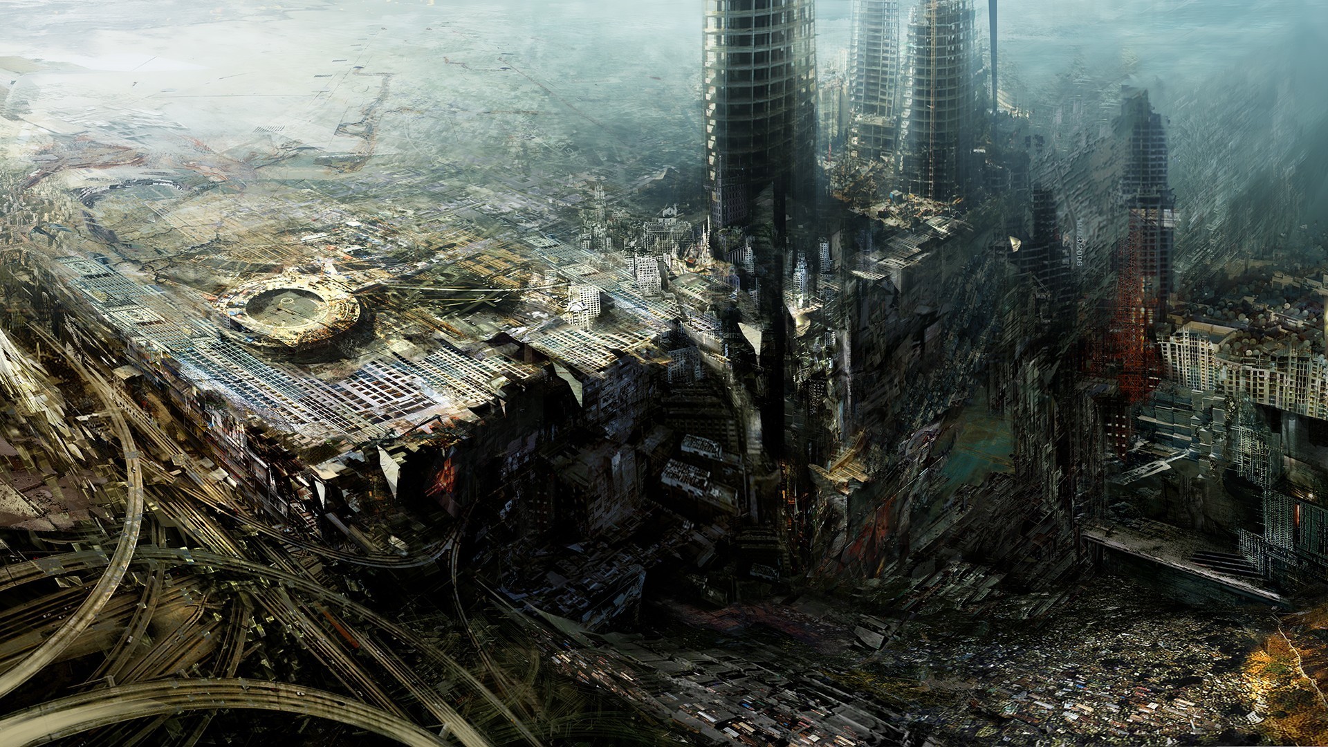 Post-apocalyptic cityscape with ruined skyscrapers and elevated highways HD Wallpaper