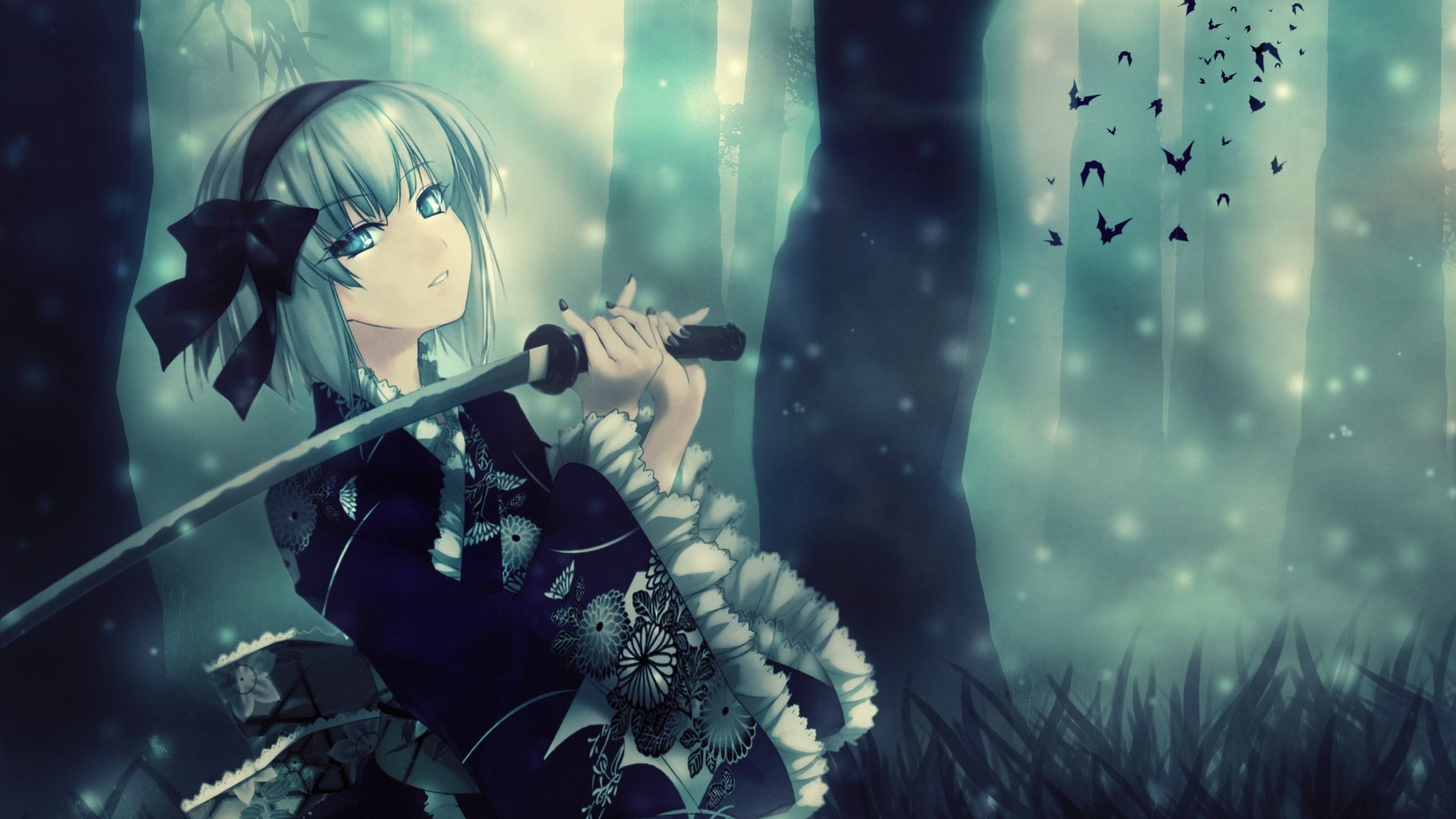 Youmu Konpaku with a sword in a forest HD Wallpaper
