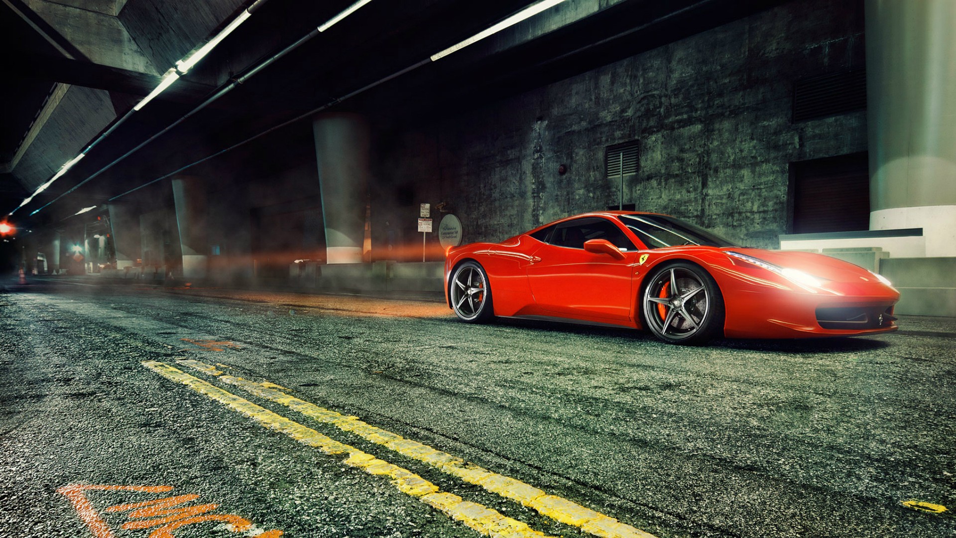 Red Ferrari 458 Italia parked on a wet road HD Wallpaper