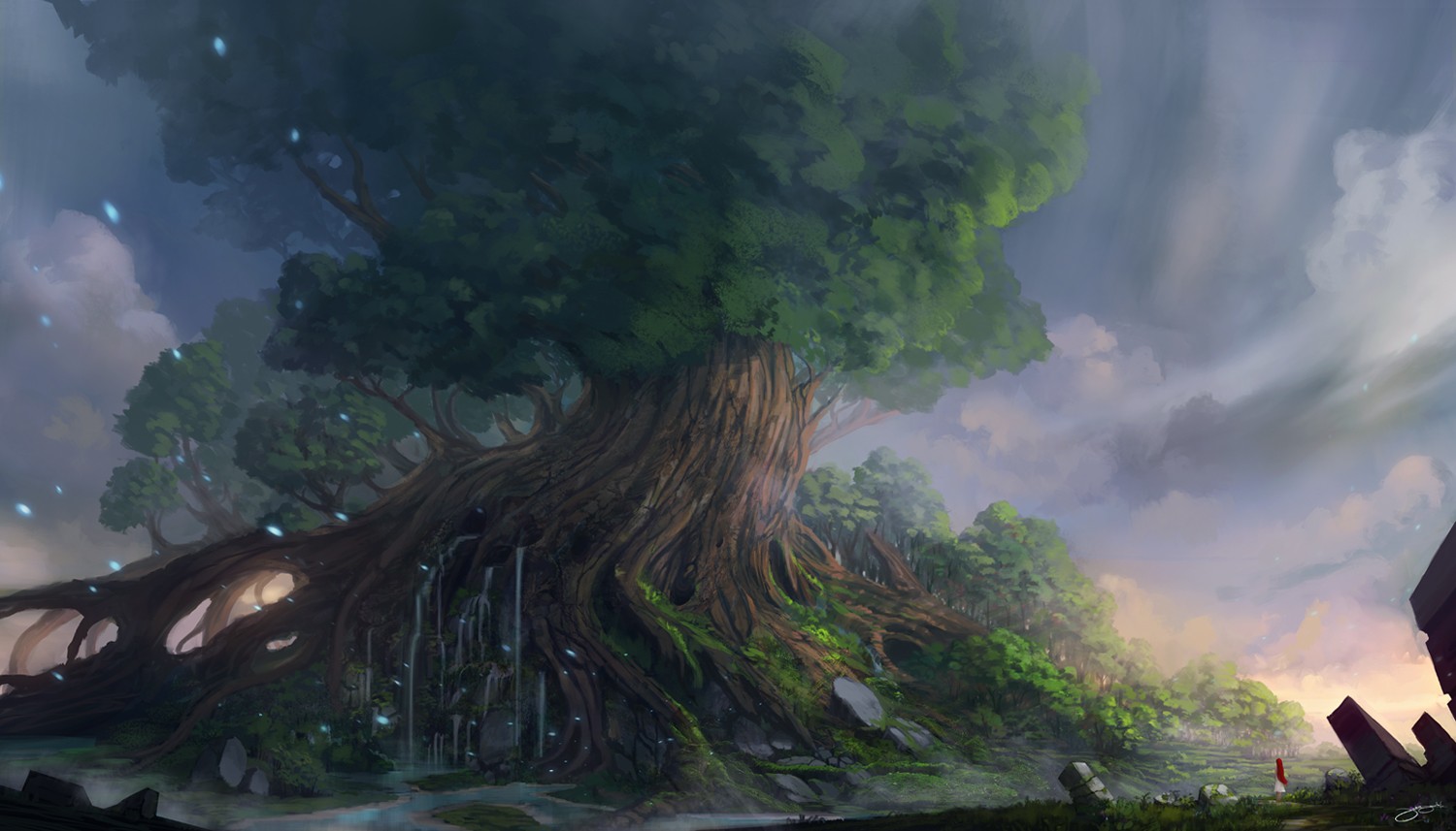 Fantasy art of a giant ancient tree with waterfalls HD Wallpaper