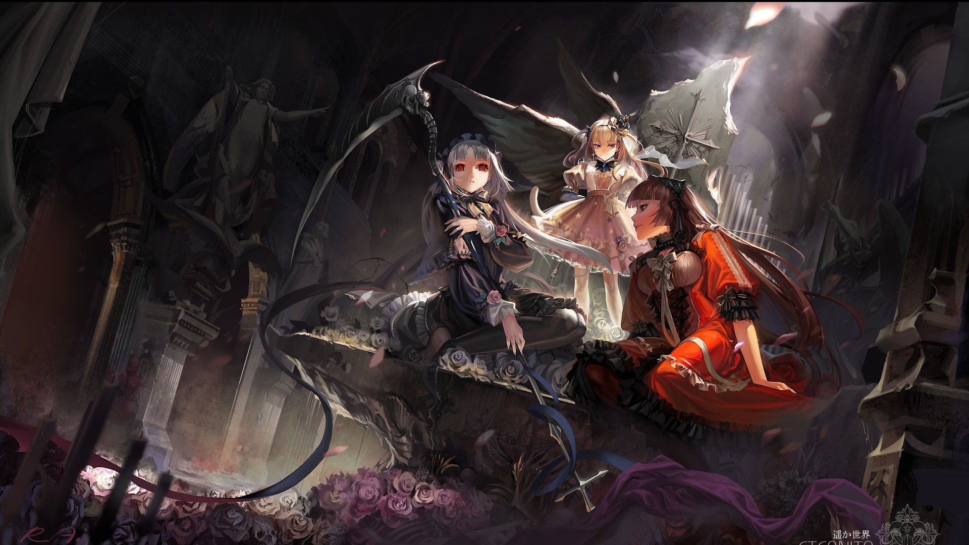 Pyrra, Clotho, and Eternita in Lolita Gothic Outfits HD Wallpaper