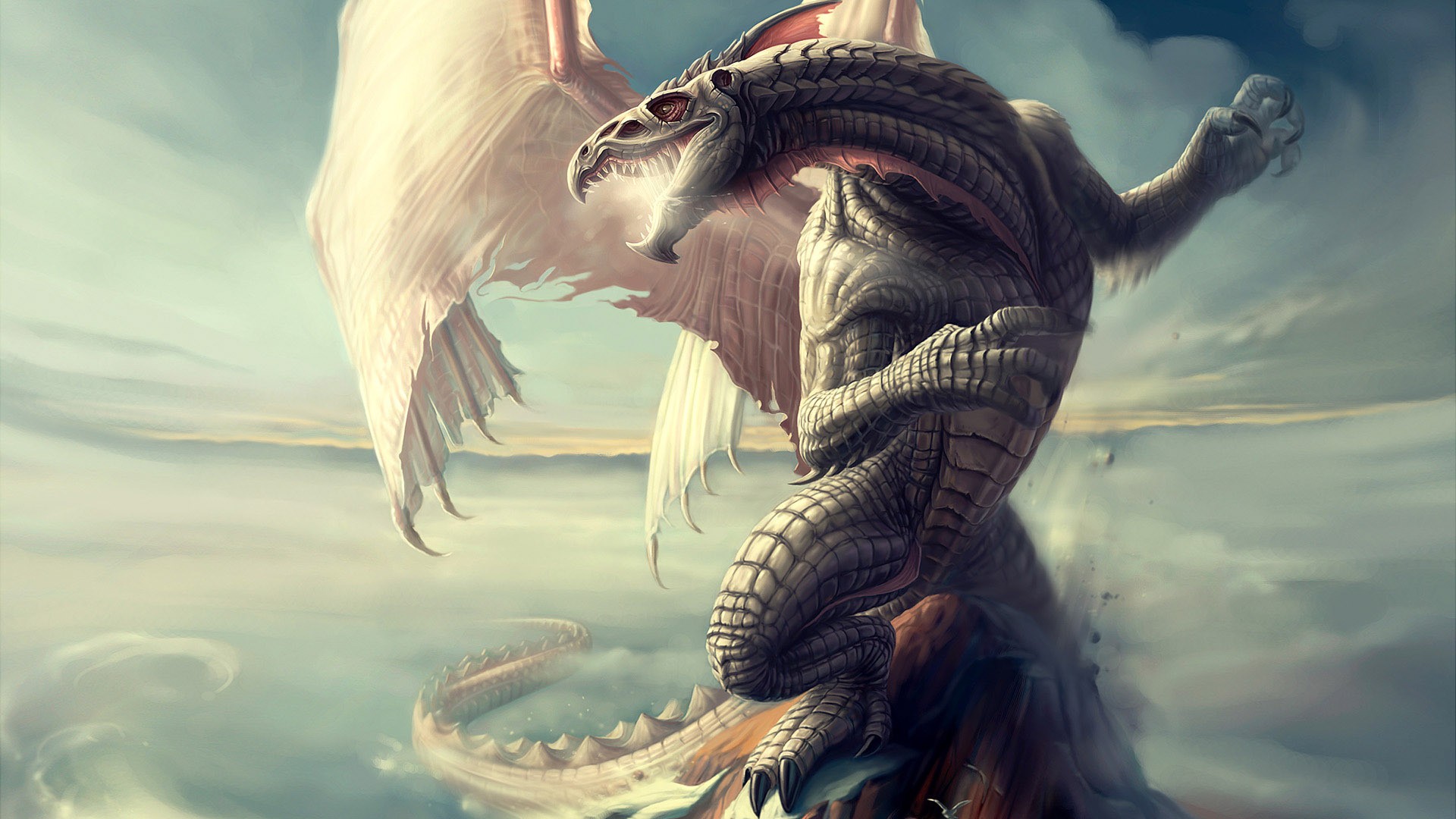 A fearsome dragon perched on a rocky outcrop HD Wallpaper