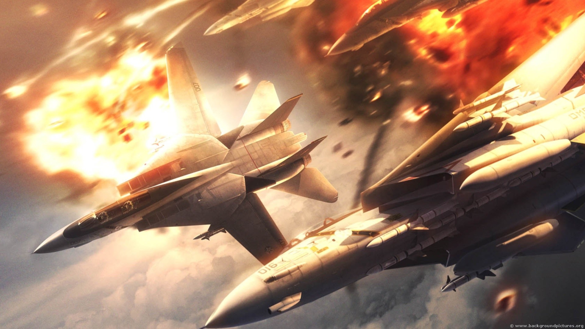Fighter jets in aerial combat with explosions HD Wallpaper