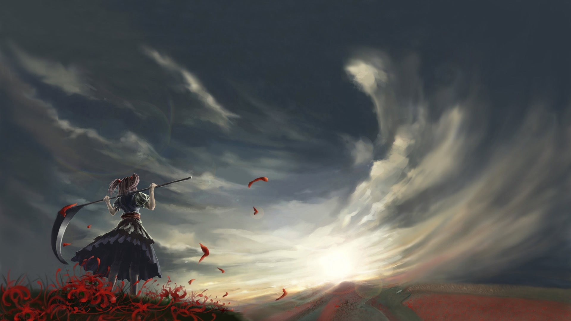 Girl with scythe and red flowers under stormy sky HD Wallpaper