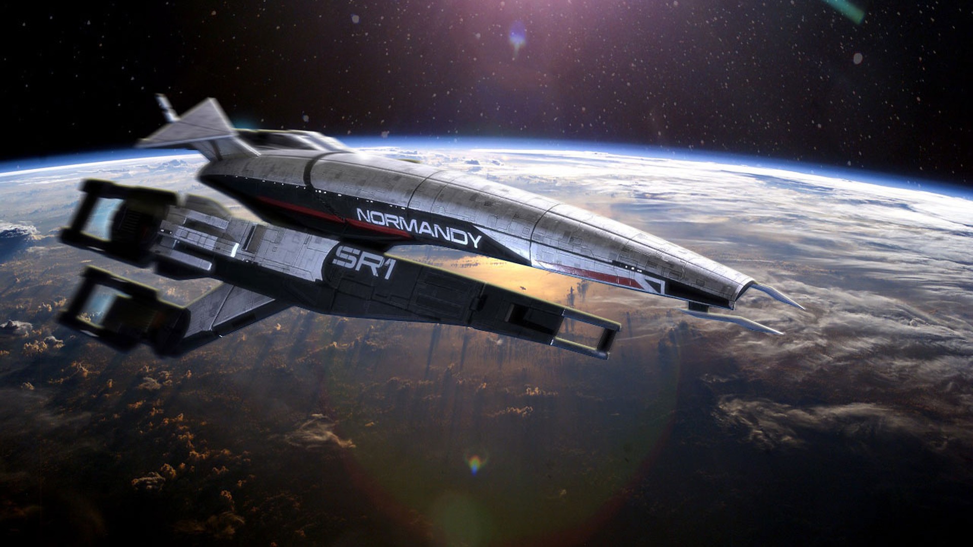 The Normandy SR-1 spaceship orbits a planet HD Wallpaper
