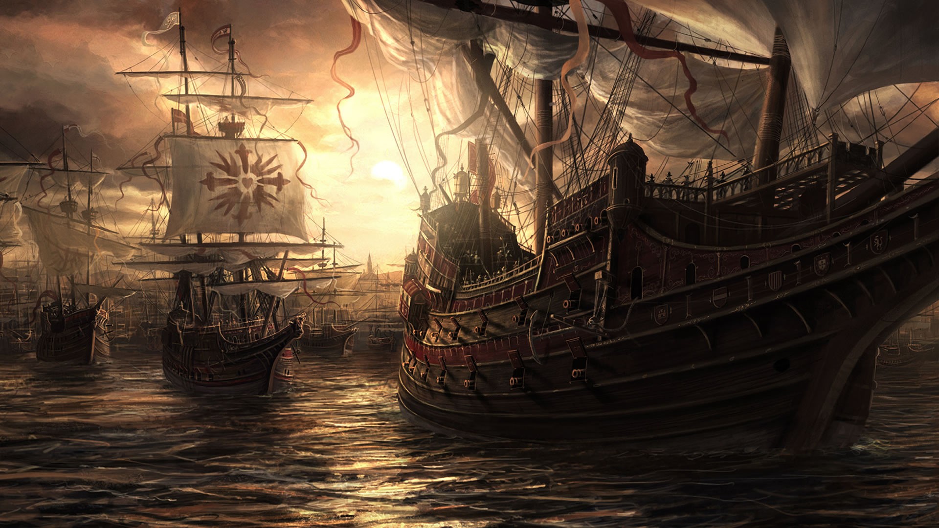 A fleet of sailing ships at sunset HD Wallpaper