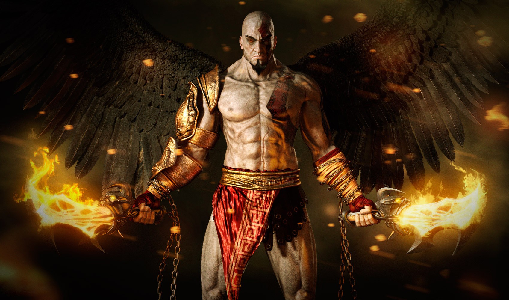 Kratos with wings and flaming blades HD Wallpaper