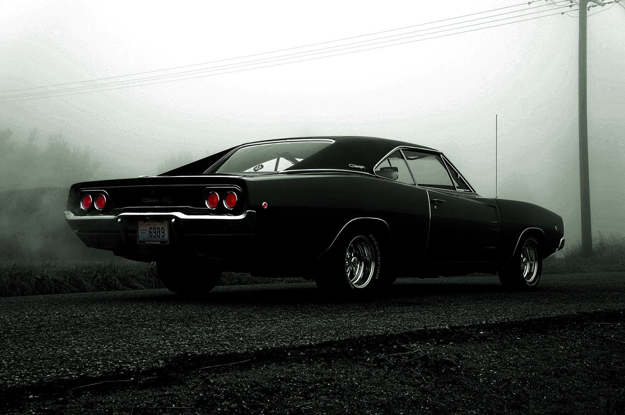 Black 1968 Dodge Charger in Fog HD Wallpaper