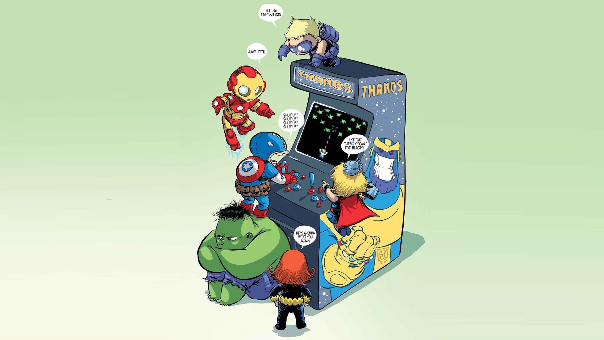 Marvel Comics Characters Playing Thanos Arcade Game HD Wallpaper