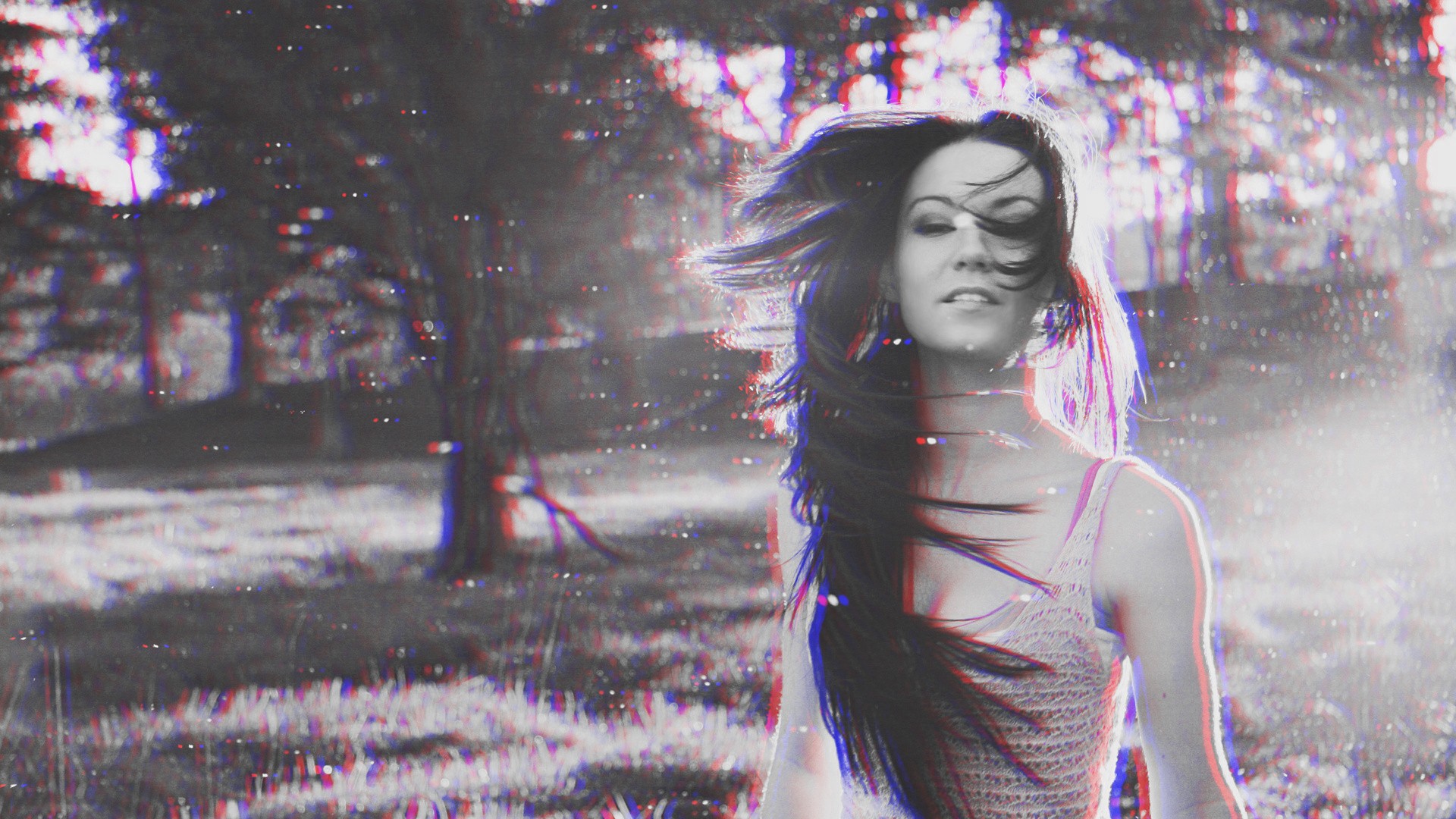 Woman with windblown hair in an anaglyph 3D effect HD Wallpaper