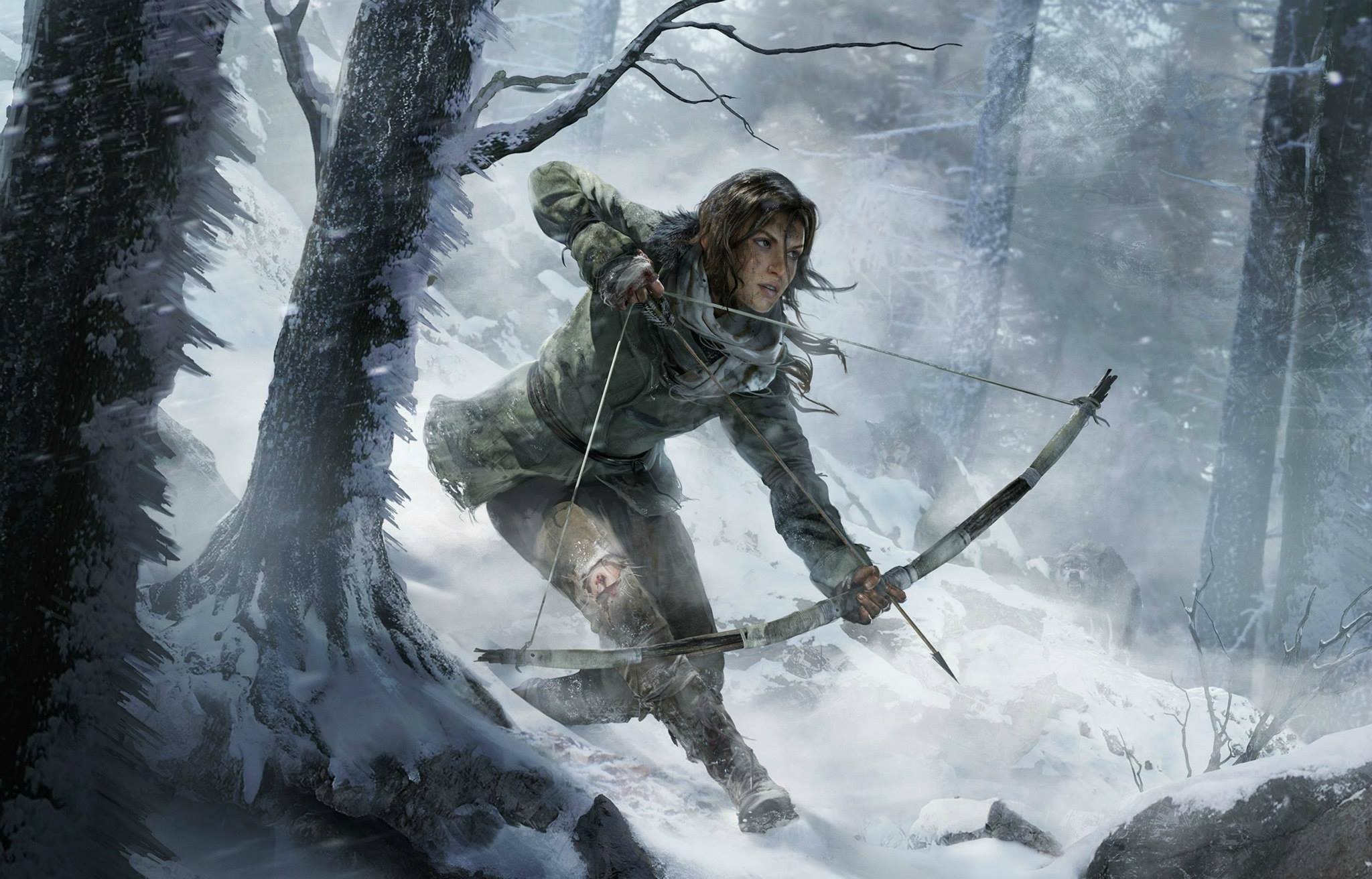 Lara Croft with a bow in a snowy forest HD Wallpaper