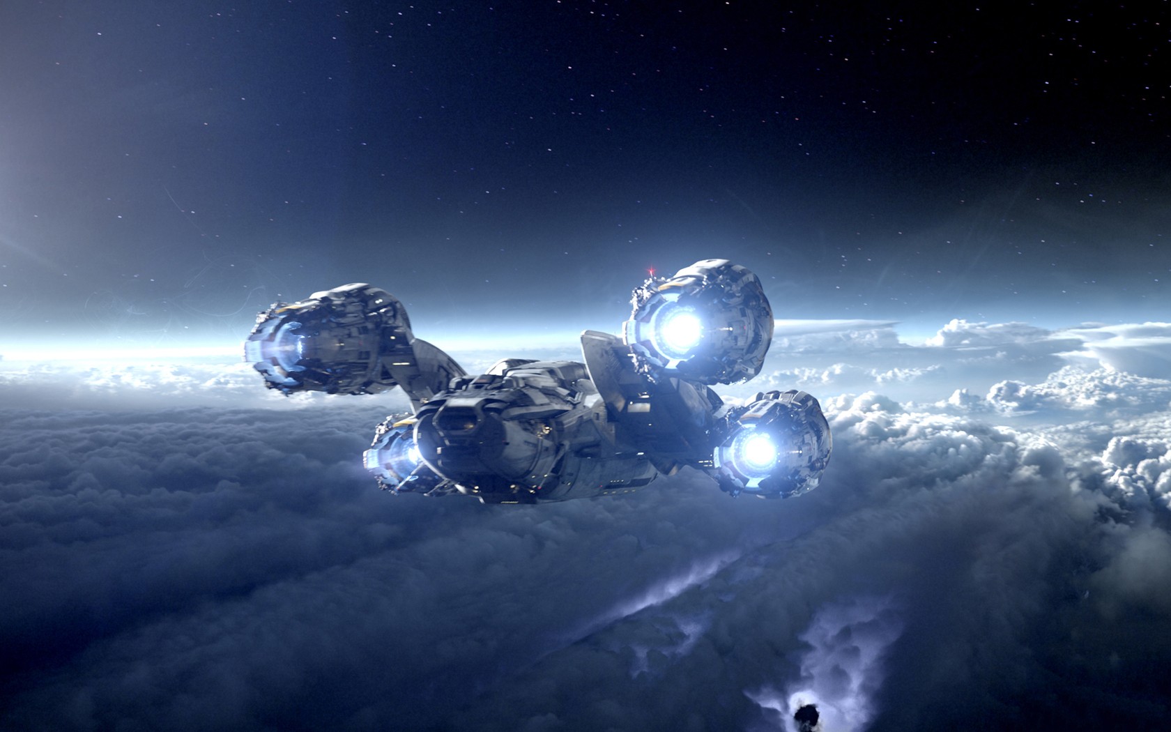 Spaceship flying over clouds in space HD Wallpaper