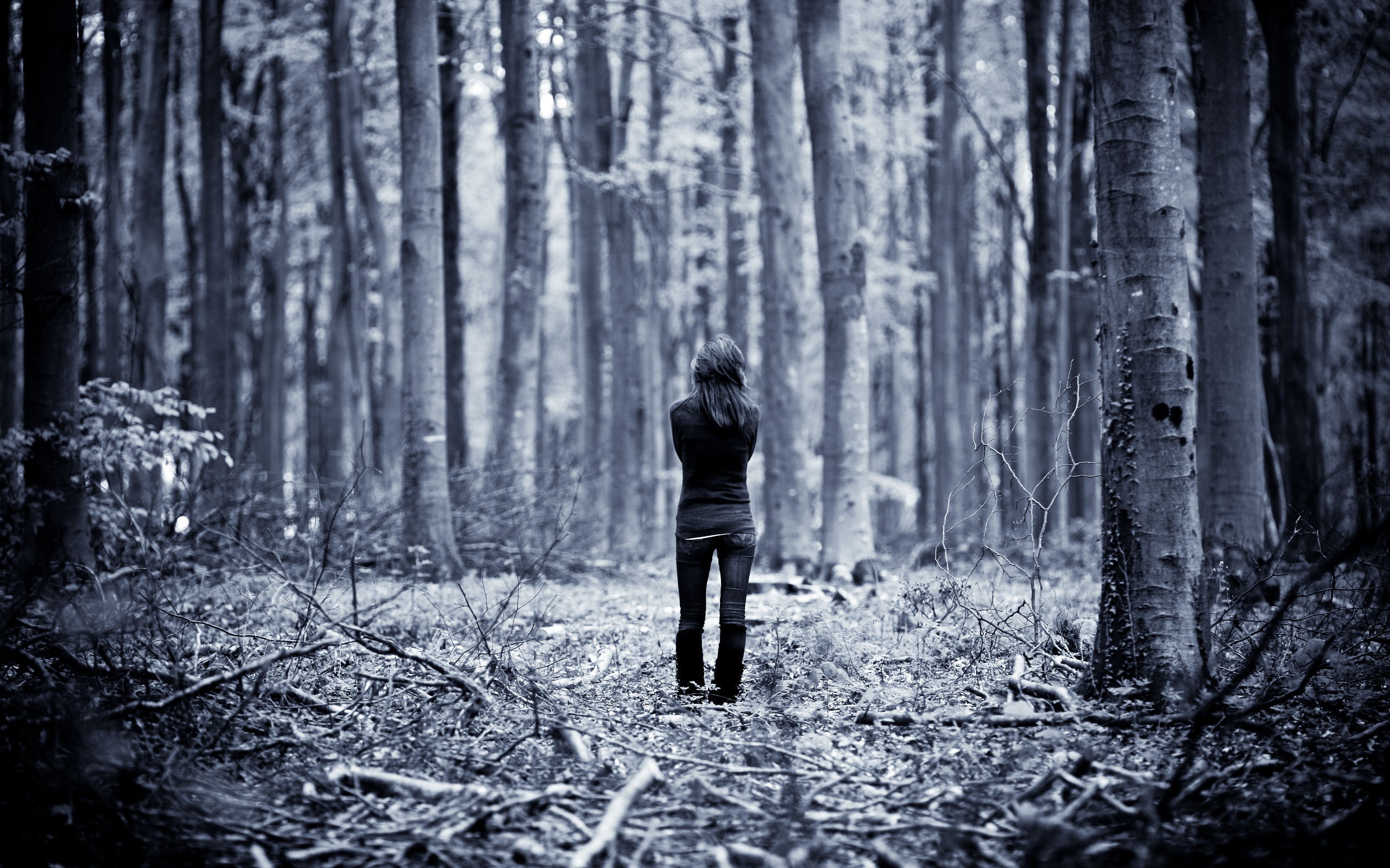 A woman stands alone in a monochrome forest HD Wallpaper