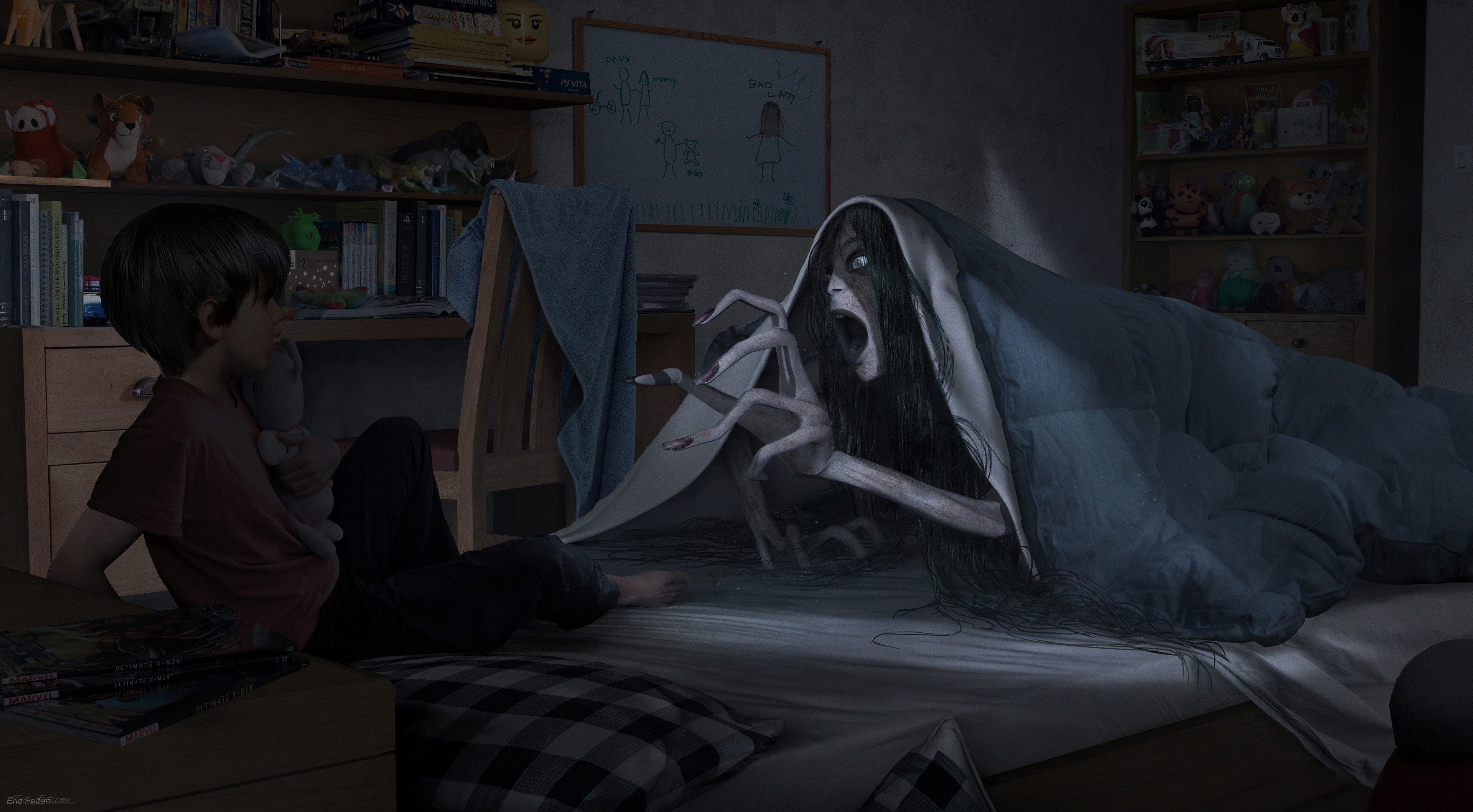 Scary creature under the blanket with a child HD Wallpaper