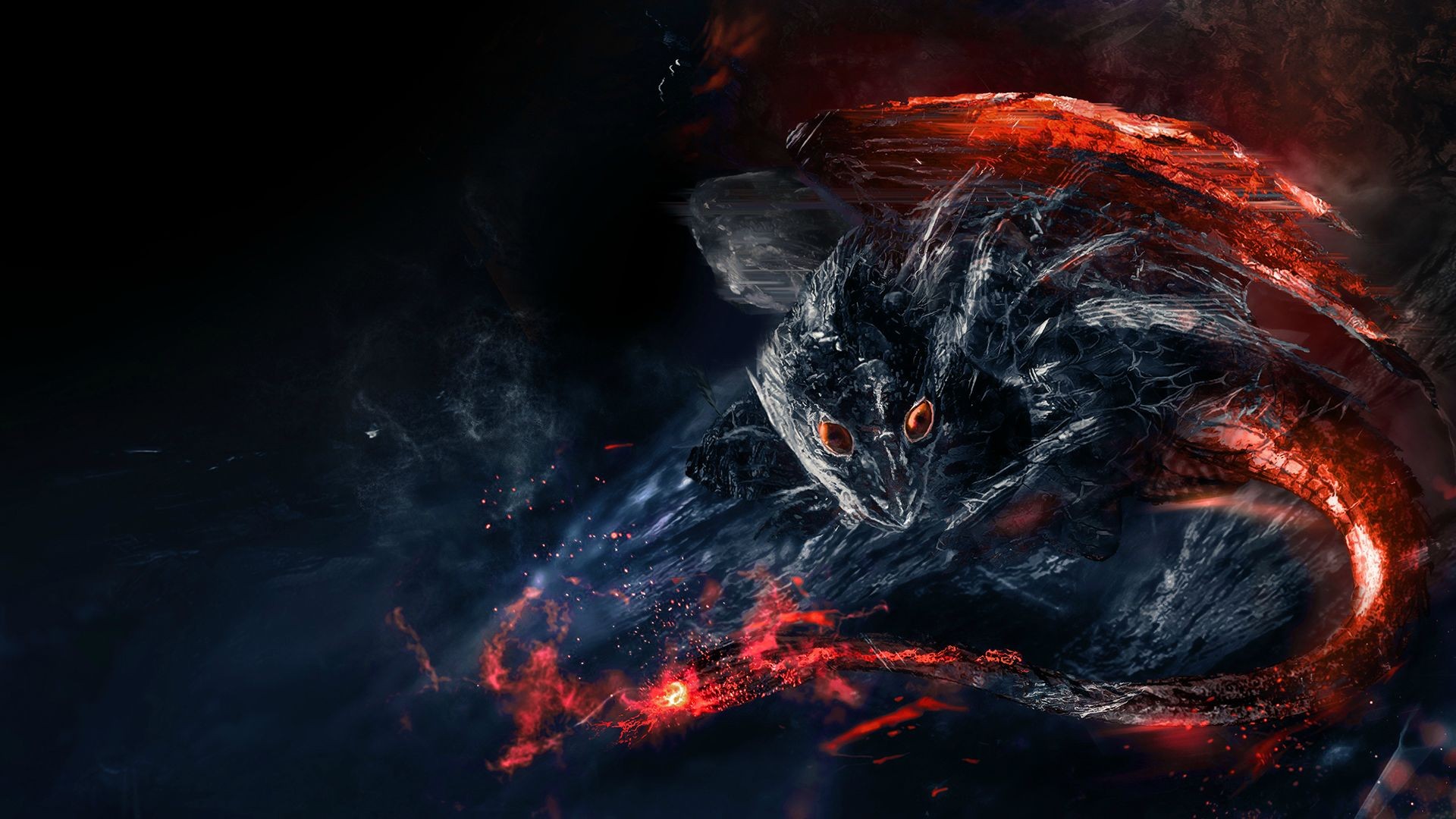 Fantasy creature artwork with red glowing elements HD Wallpaper