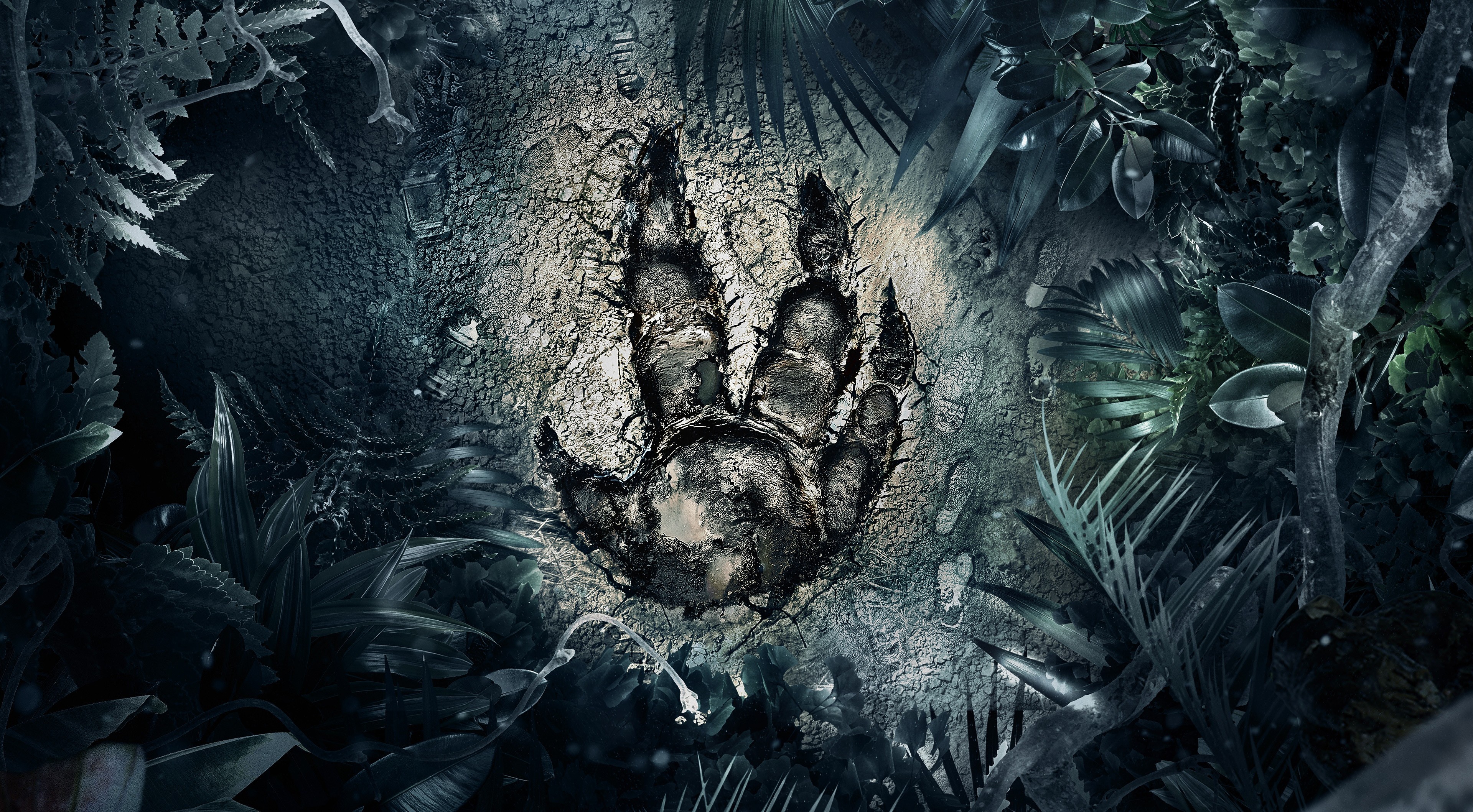Dinosaur footprint in a prehistoric jungle HD Wallpaper