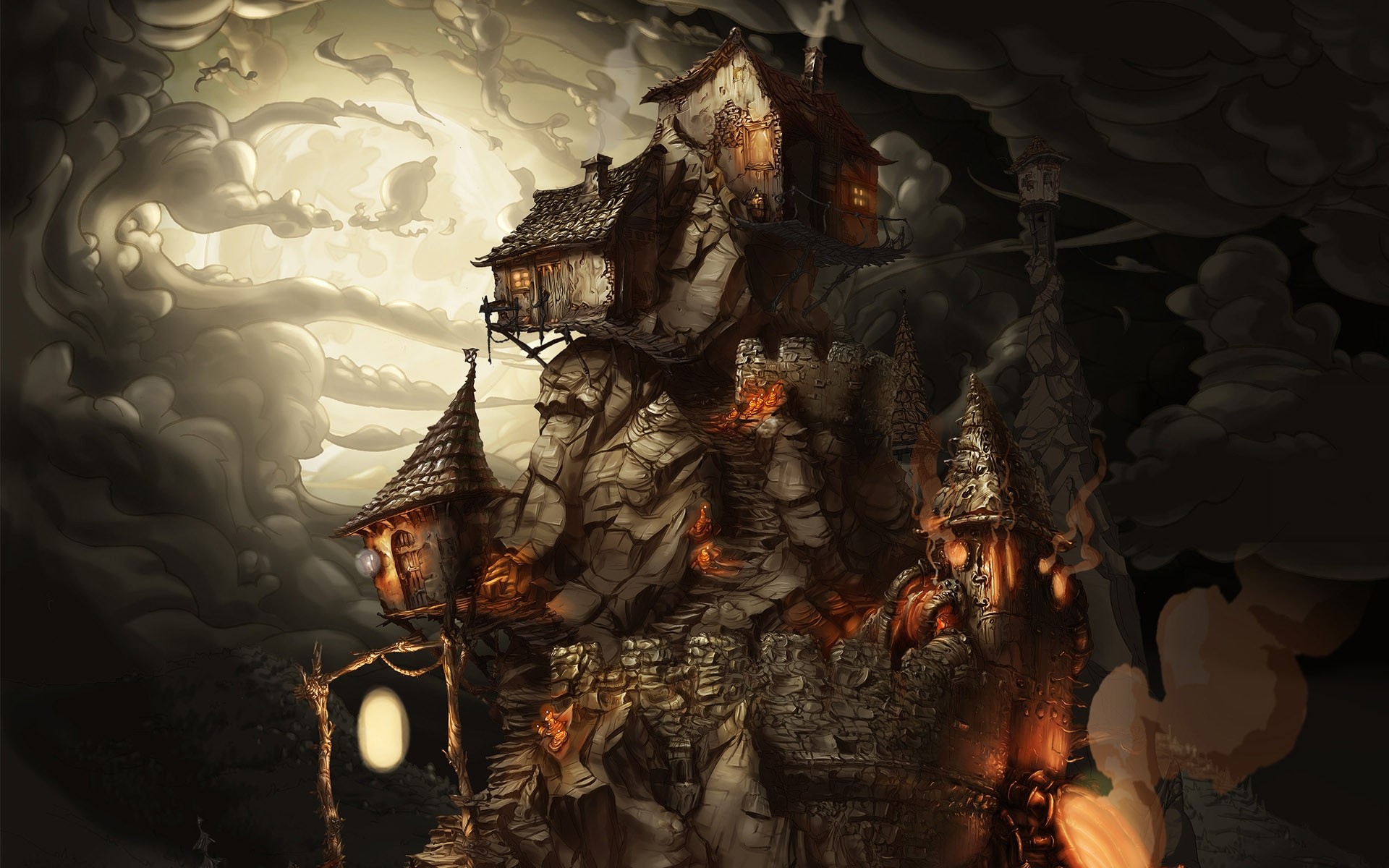 Fantasy castle on a rocky mountain under a cloudy sky HD Wallpaper