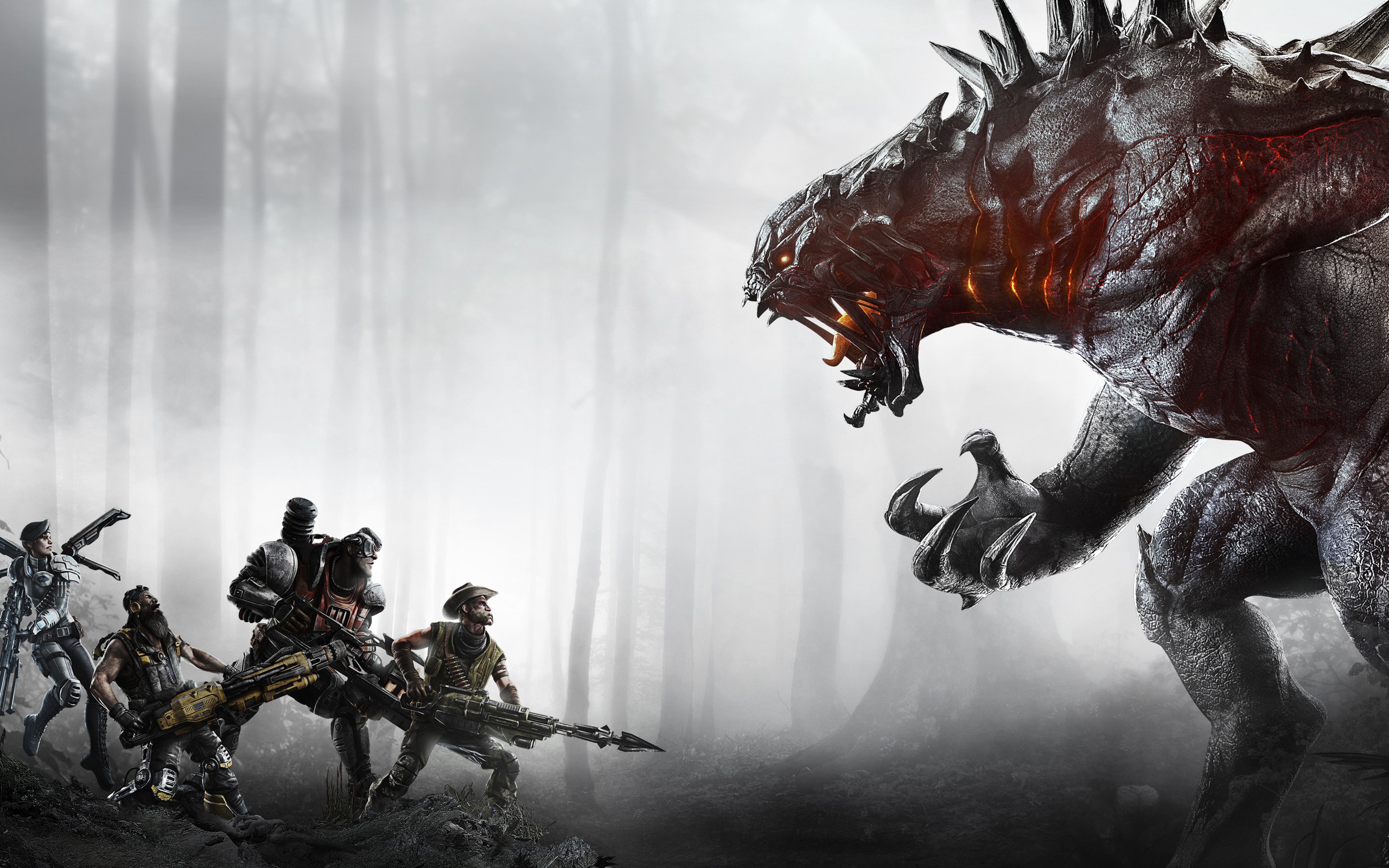 Evolve: Hunters face a massive monster in a forest HD Wallpaper