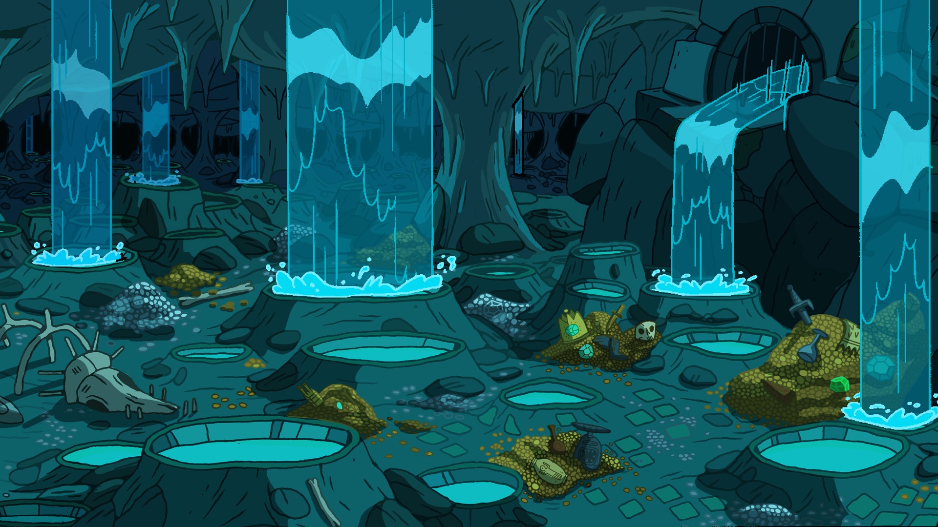 Adventure Time cave with waterfalls and treasure HD Wallpaper