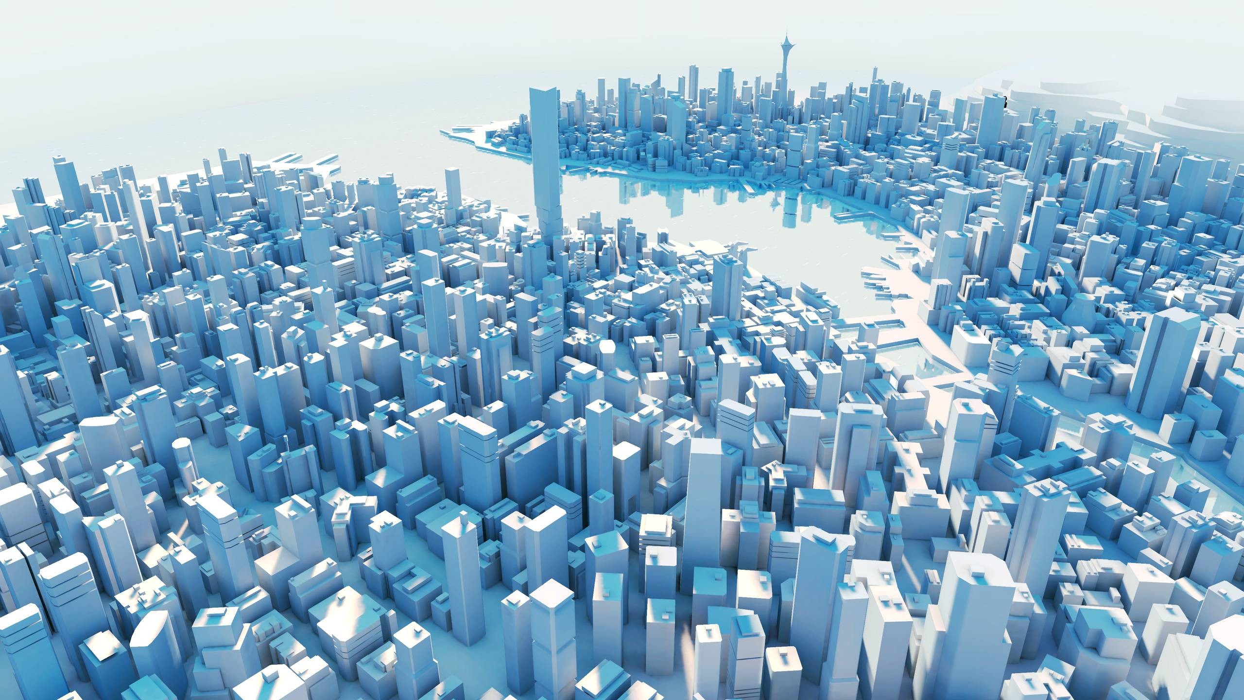 Mirrors Edge CGI cityscape with a river and tall buildings HD Wallpaper