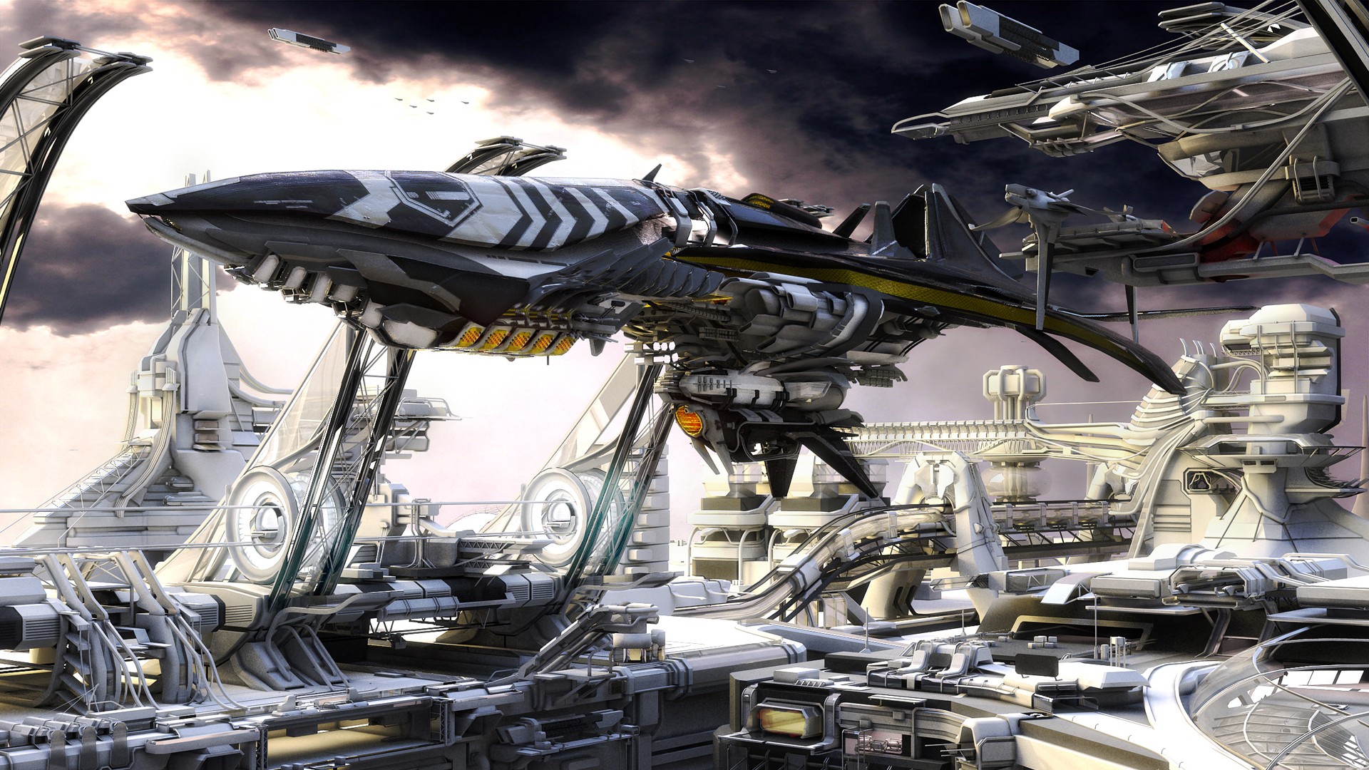 Futuristic spaceship docked at a spaceport HD Wallpaper