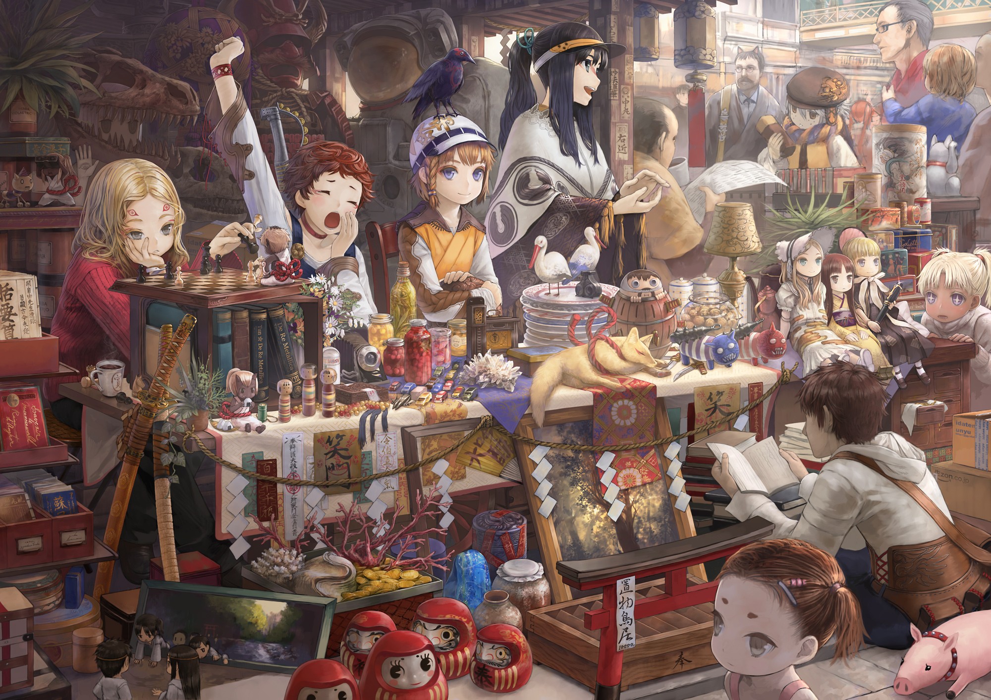 Anime girls and boys at a market stall HD Wallpaper