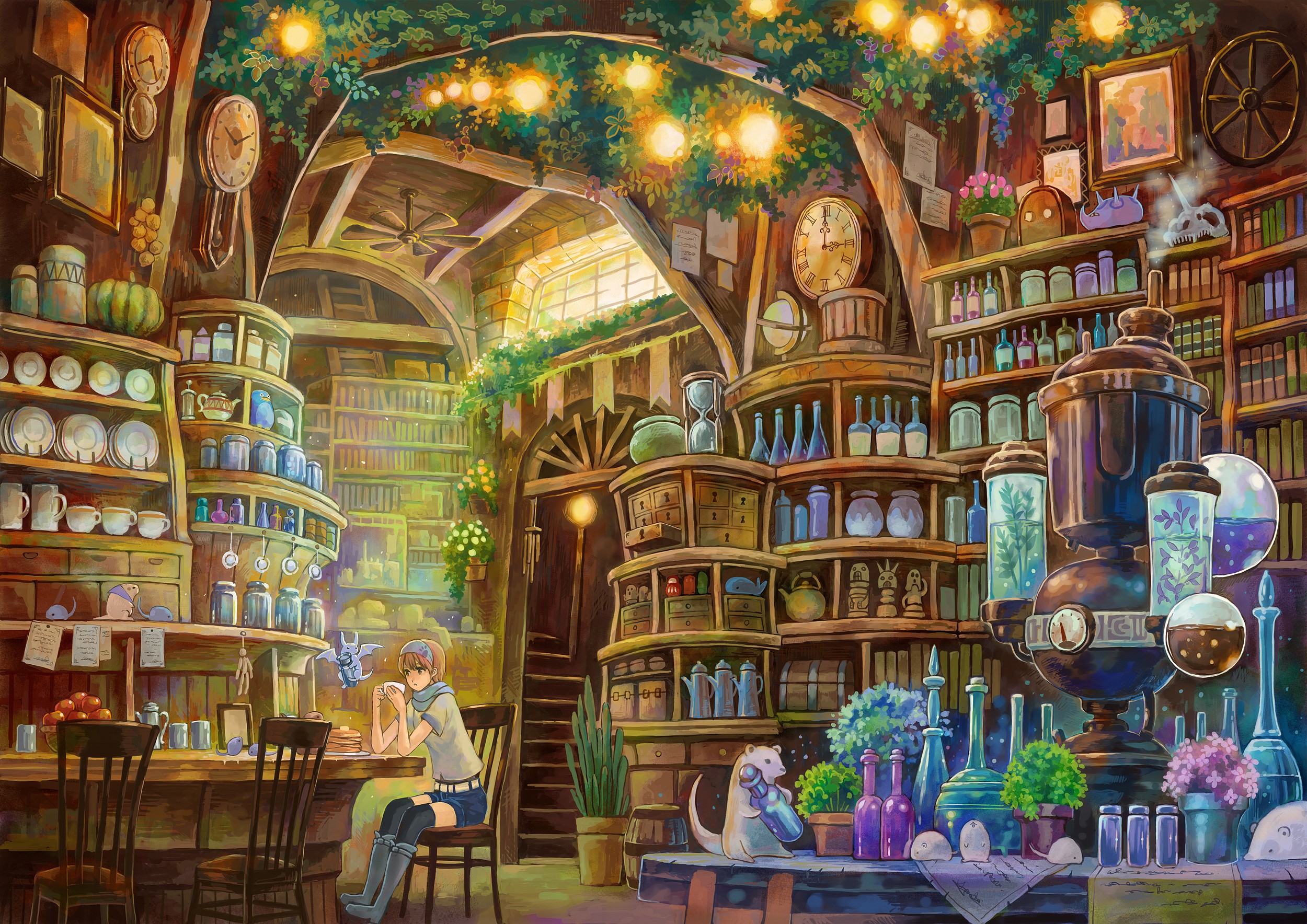 Anime girl in a magical apothecary shop HD Wallpaper