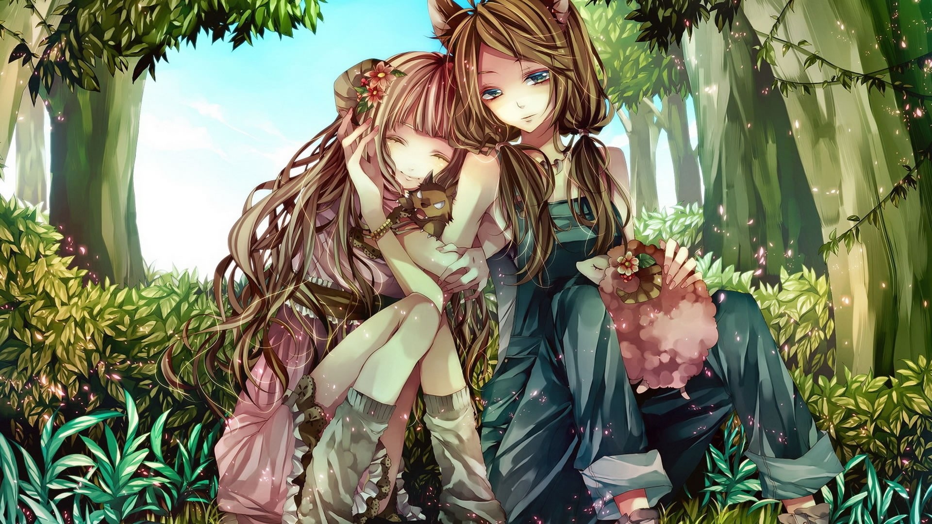 Two anime girls with animal ears in a forest HD Wallpaper