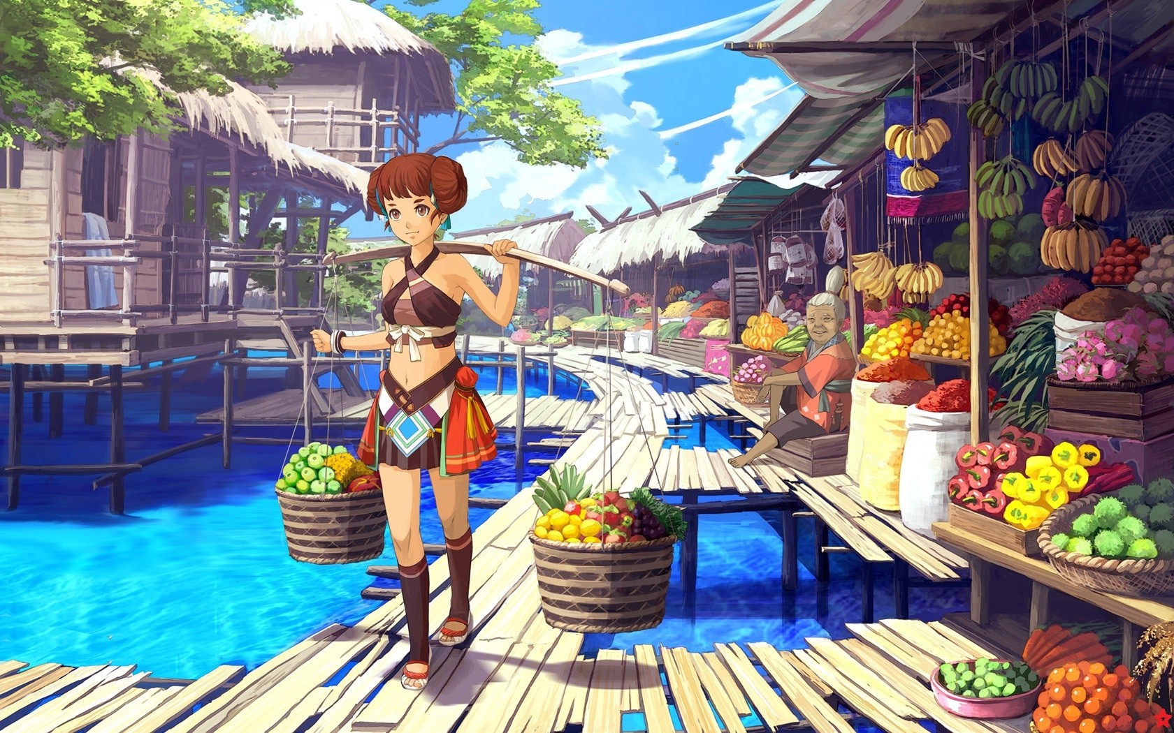 Anime girl carrying baskets at a tropical market HD Wallpaper