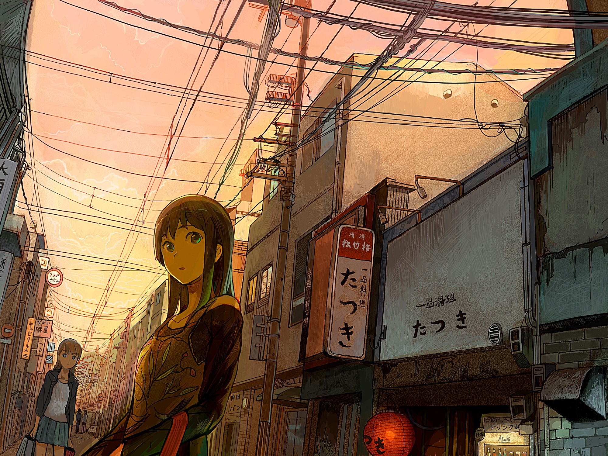 Anime girls in a Japanese town at sunset HD Wallpaper