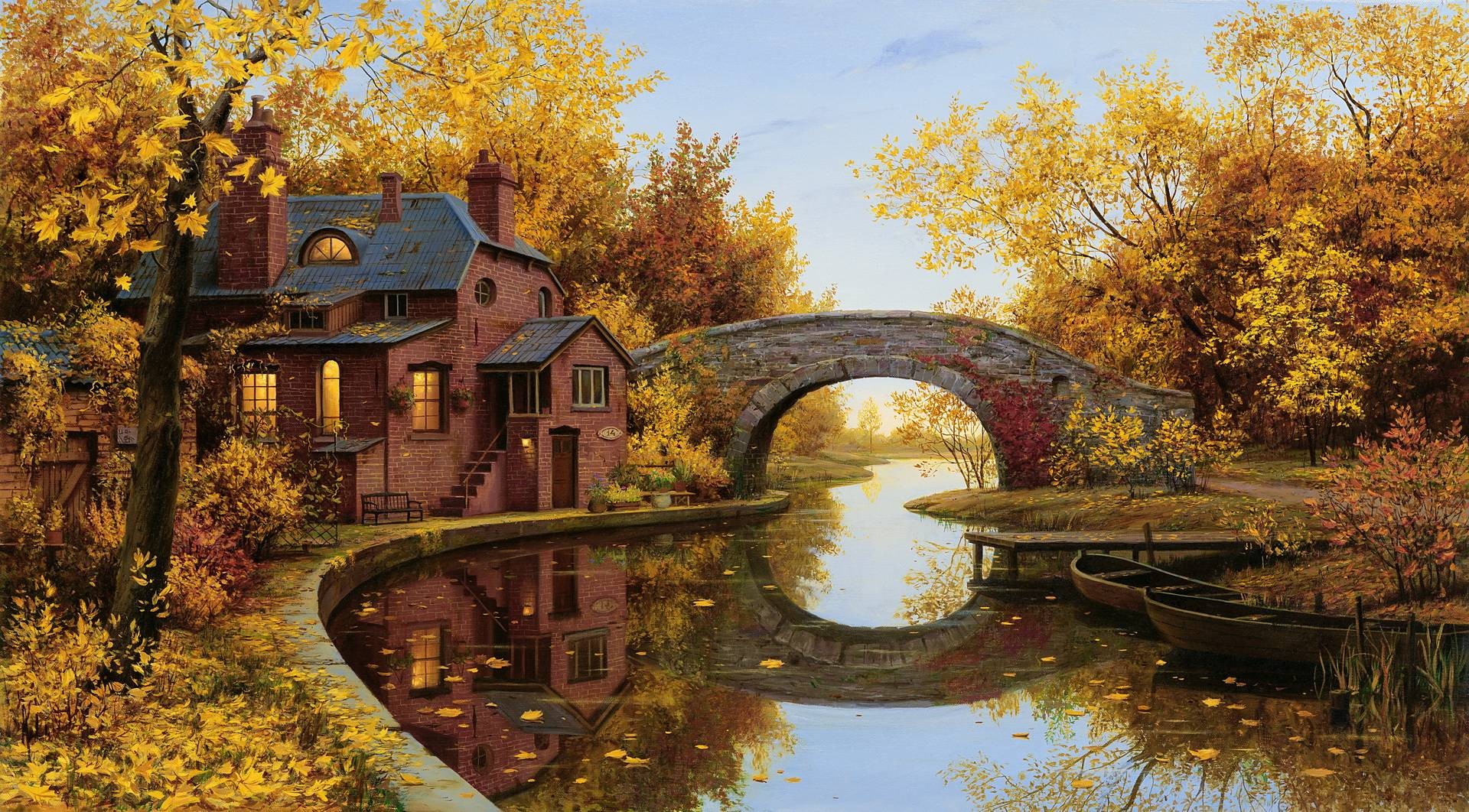 Autumn scene with a brick house and stone bridge over a river HD Wallpaper