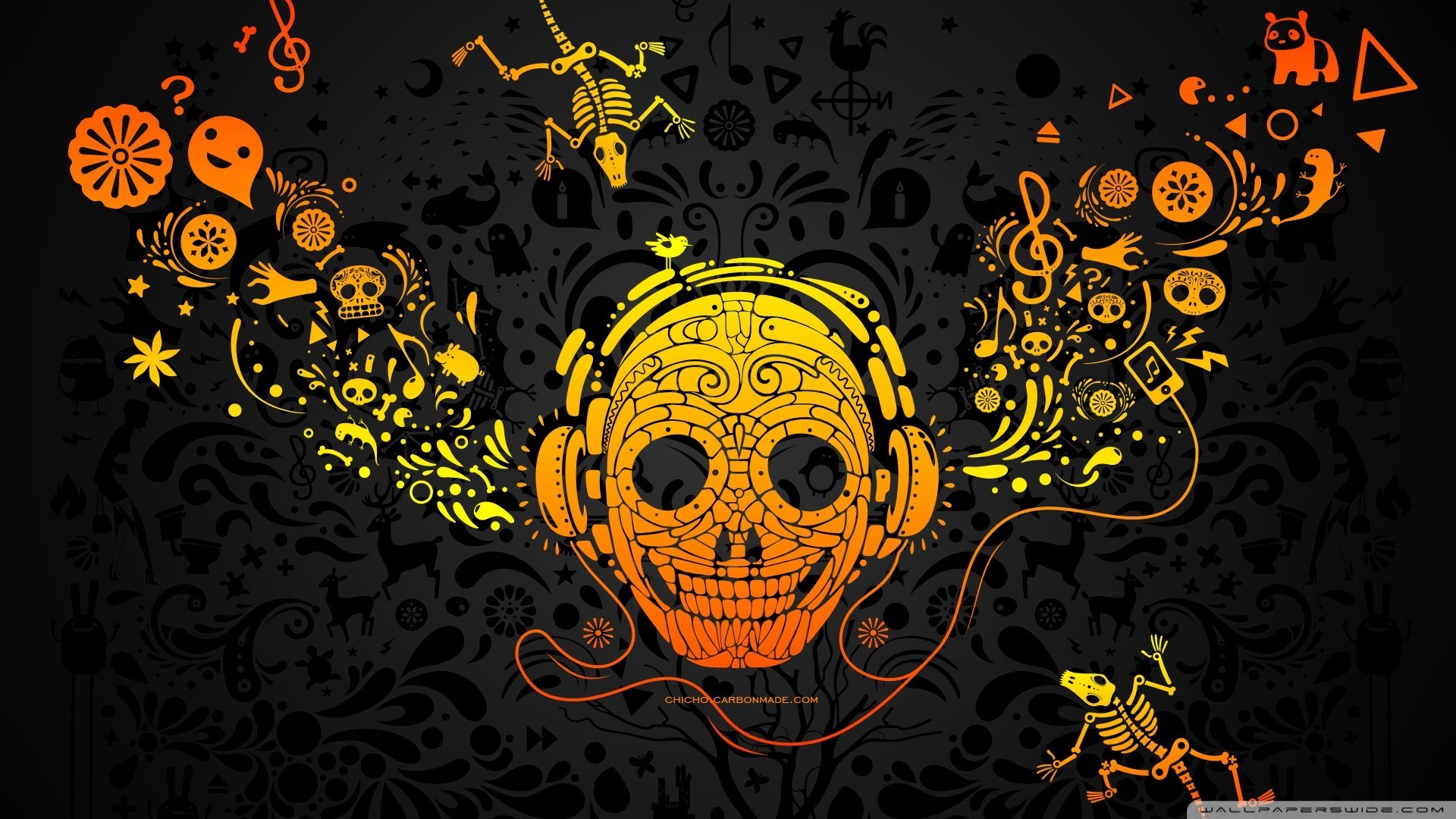 Abstract skull with headphones and music notes HD Wallpaper