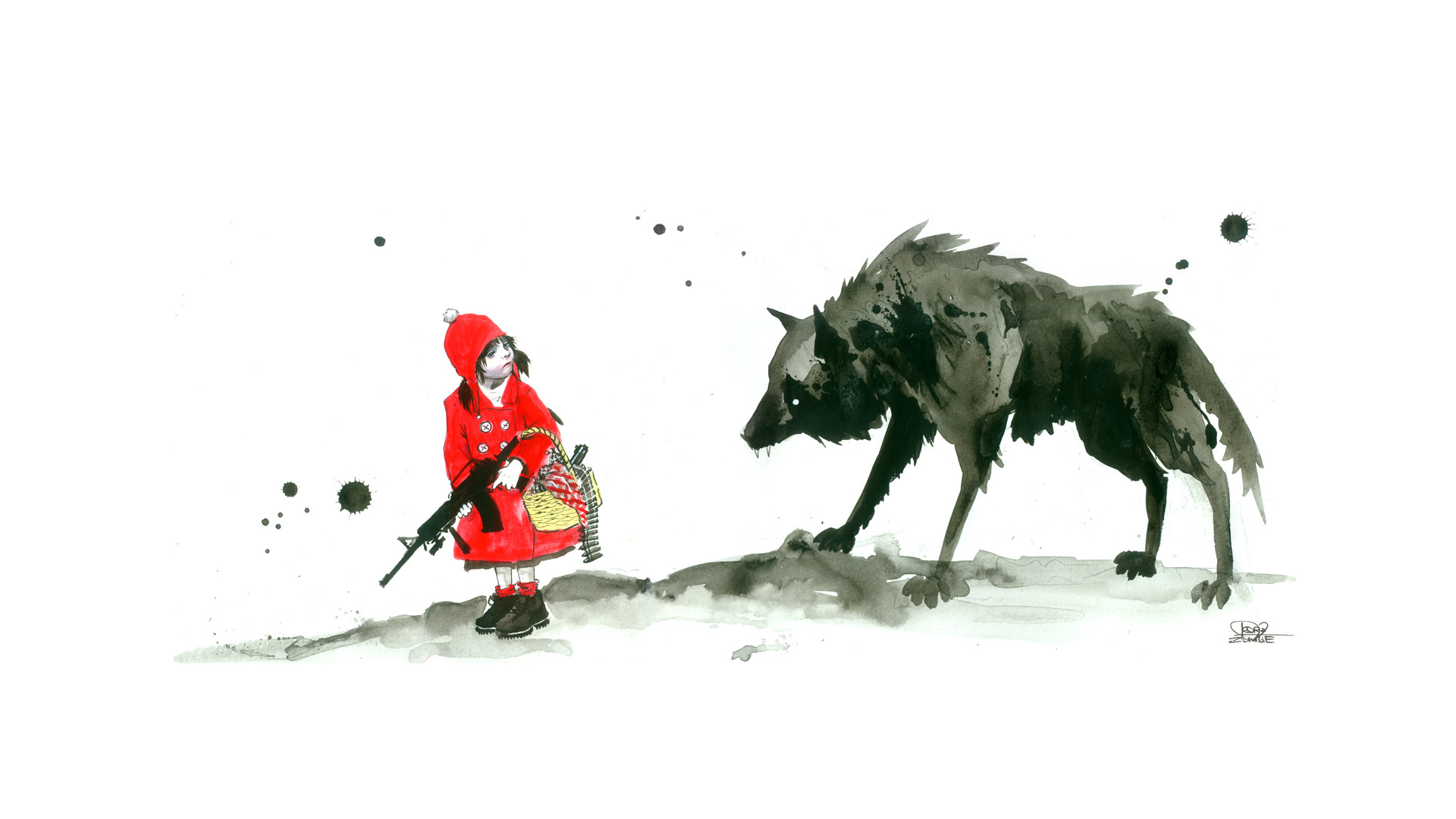 Little Red Riding Hood with a rifle confronts a wolf HD Wallpaper