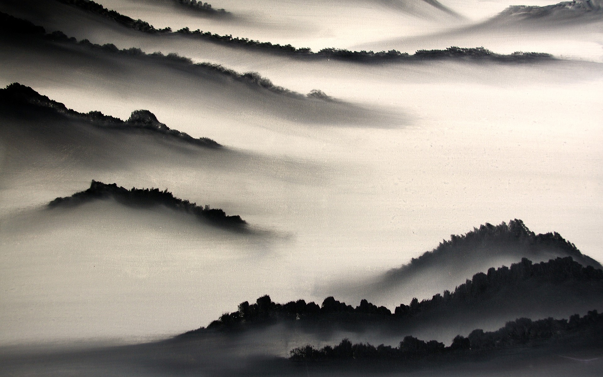 Misty mountains shrouded in fog HD Wallpaper