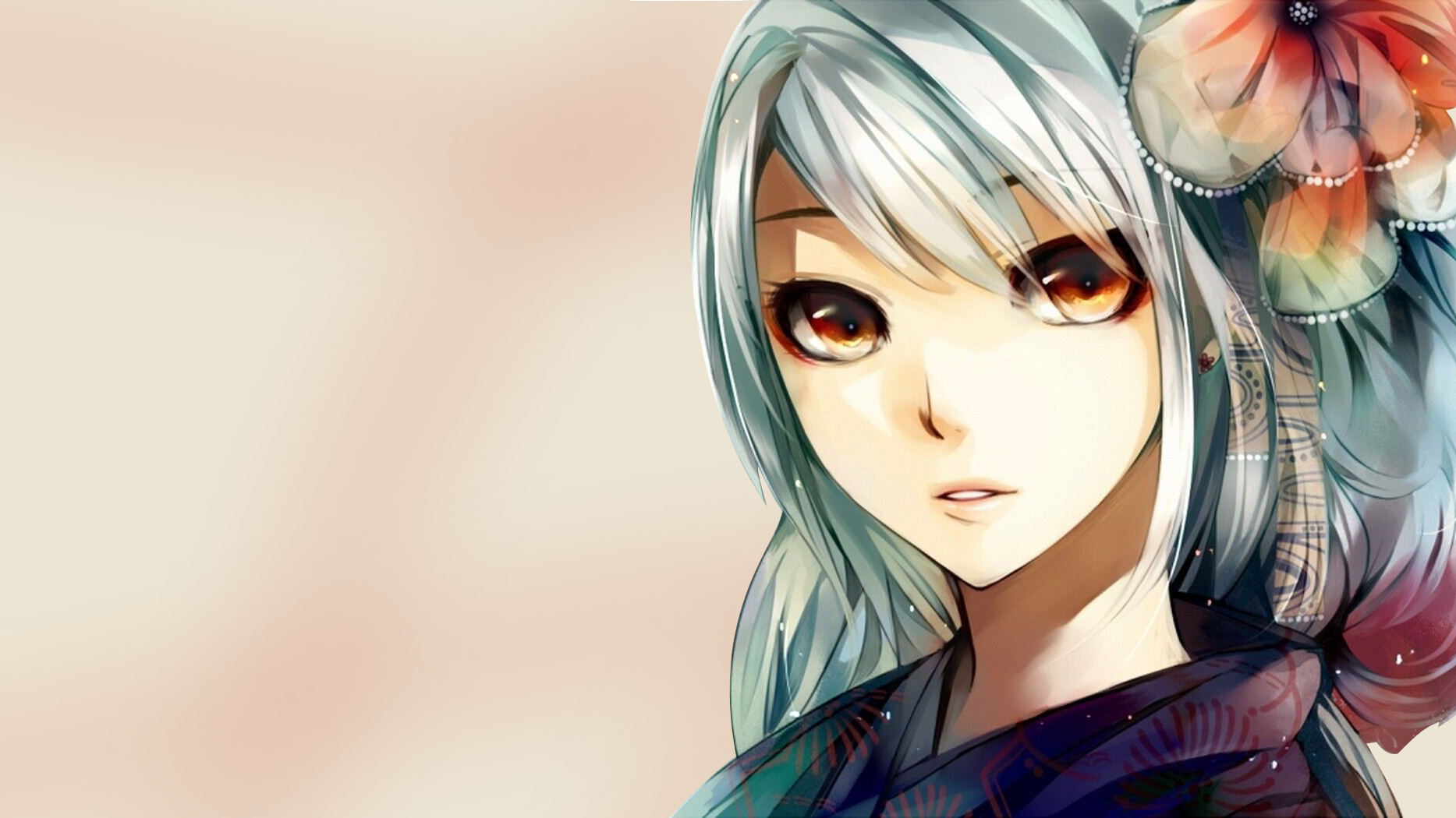 Anime girl with white hair and flower accessory HD Wallpaper