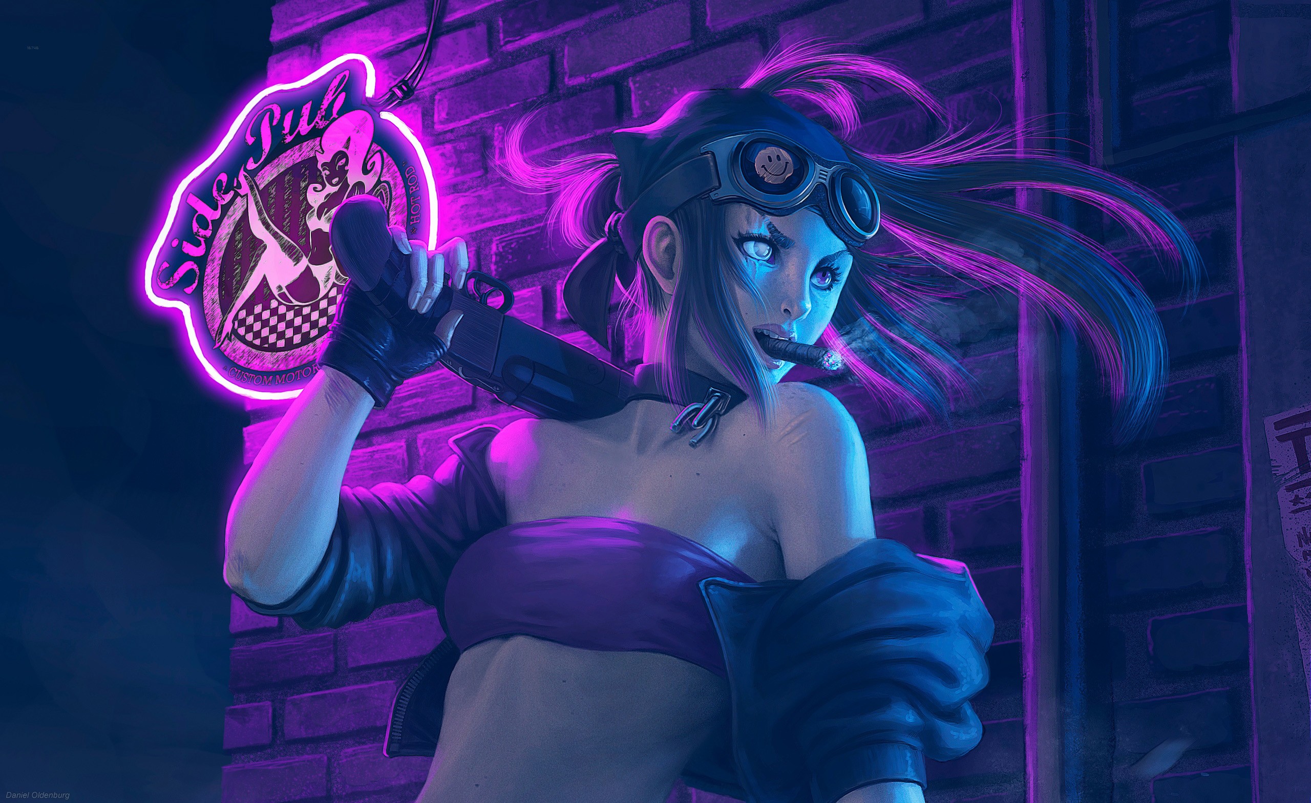 Woman with shotgun and cigar in front of Side Pub neon sign HD Wallpaper