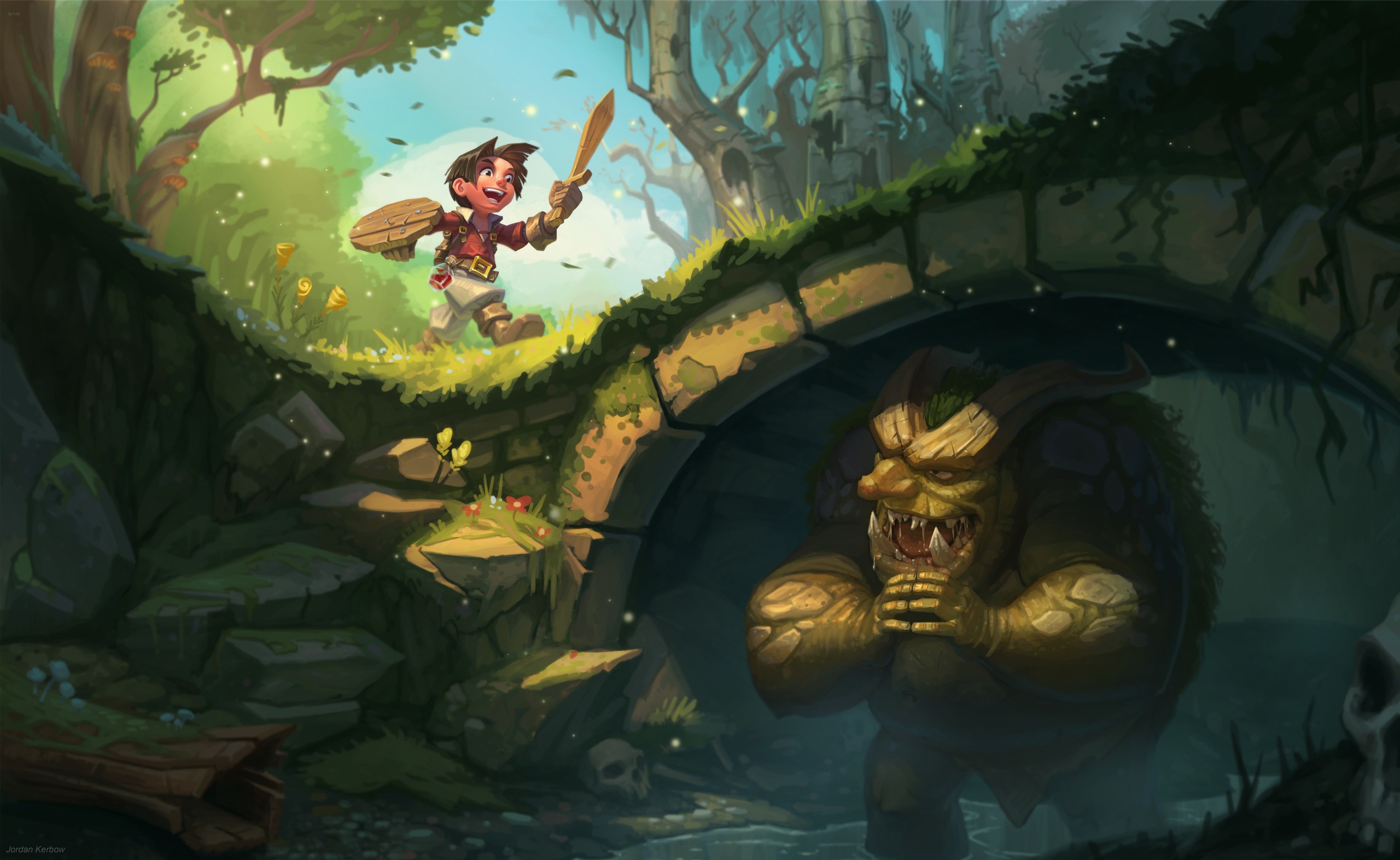 Boy with sword and shield encounters a troll under a bridge HD Wallpaper