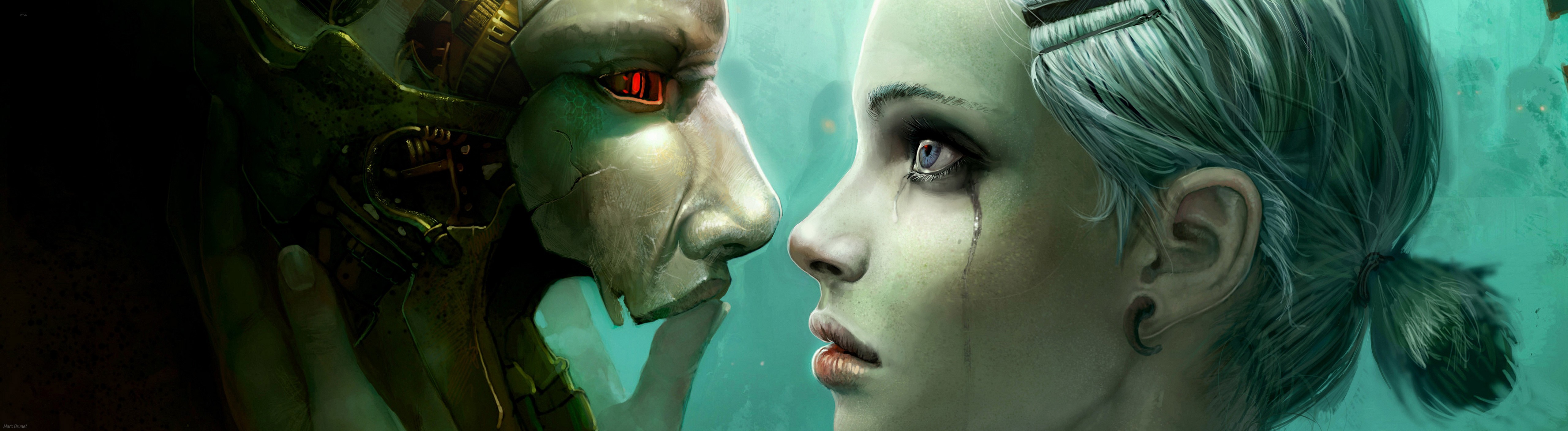 Cyborg and crying girl in futuristic setting HD Wallpaper
