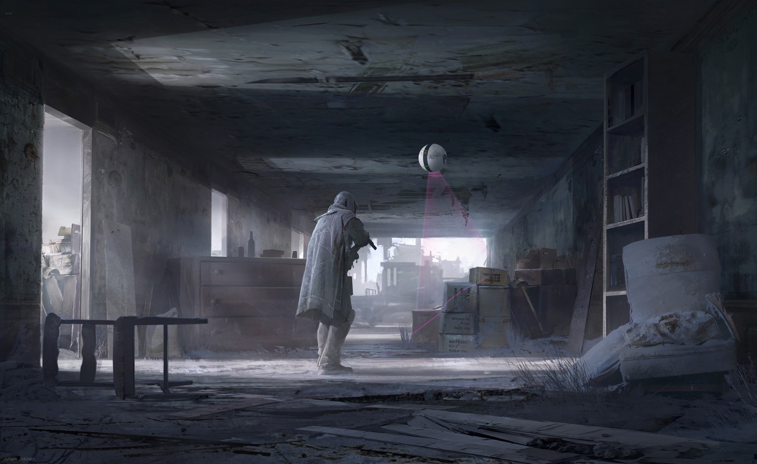 Apocalyptic ruin with a soldier and a drone HD Wallpaper