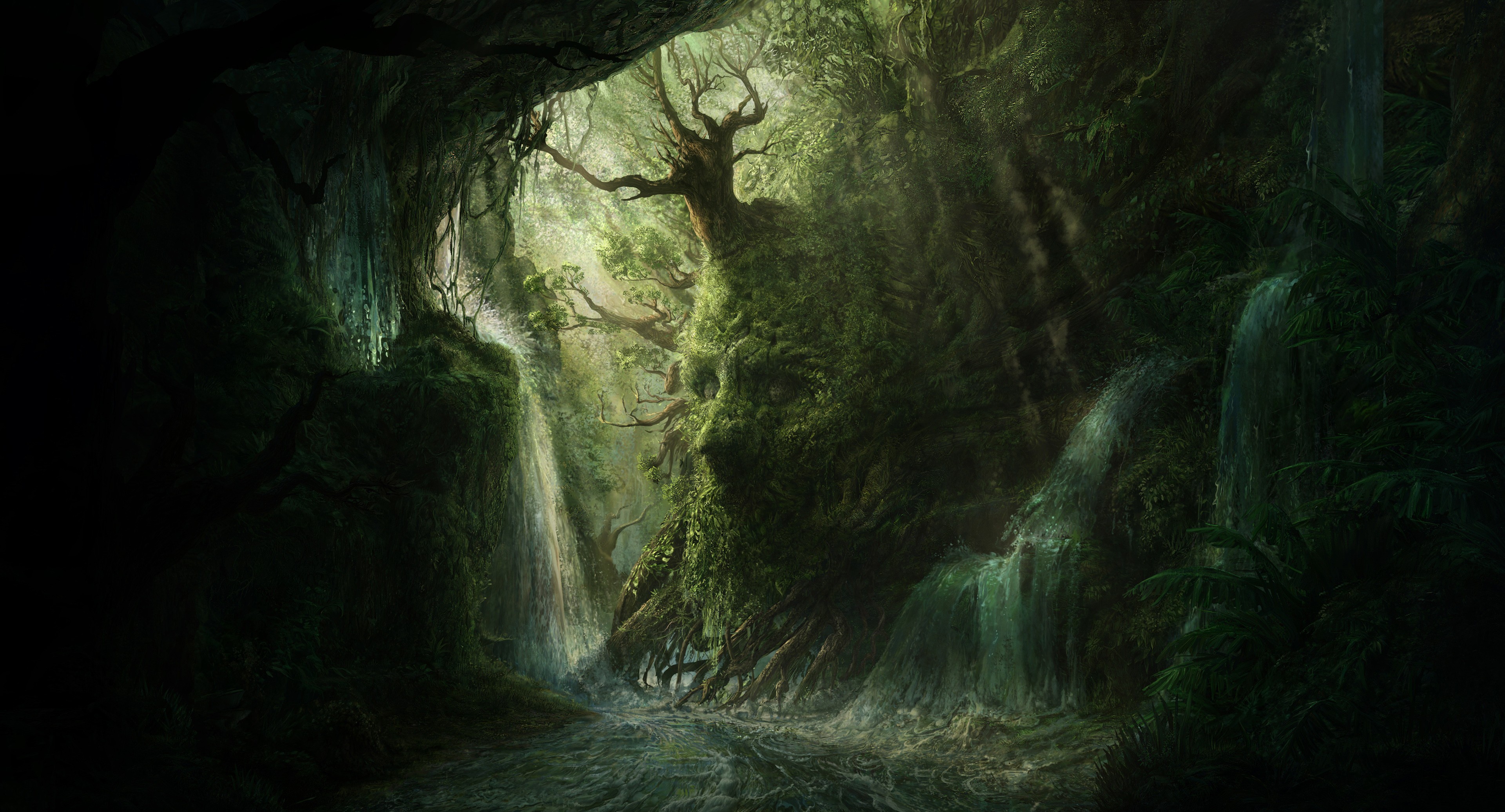 Fantasy forest with waterfalls and a face in the rocks HD Wallpaper