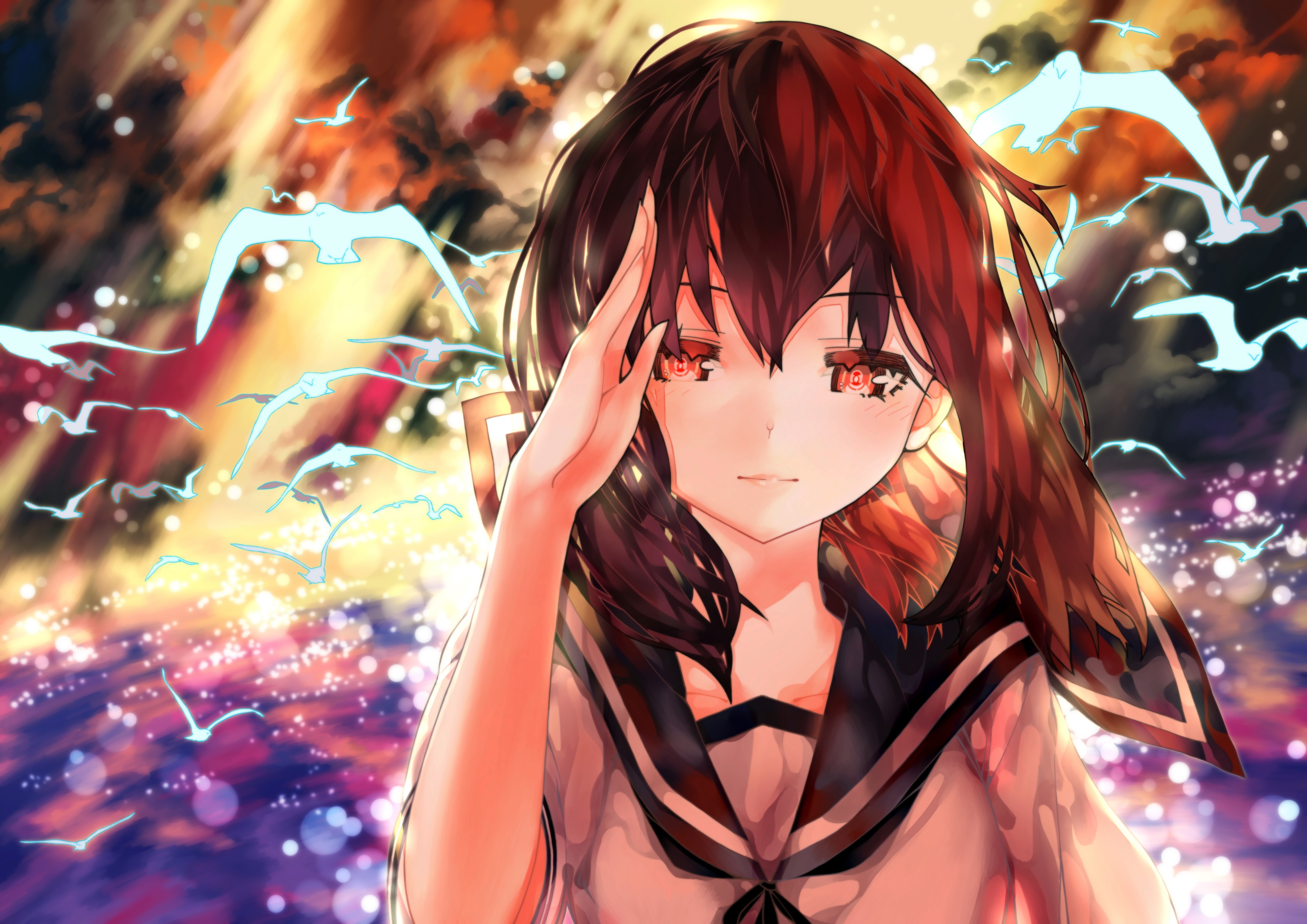 Fubuki from Kantai Collection with birds HD Wallpaper