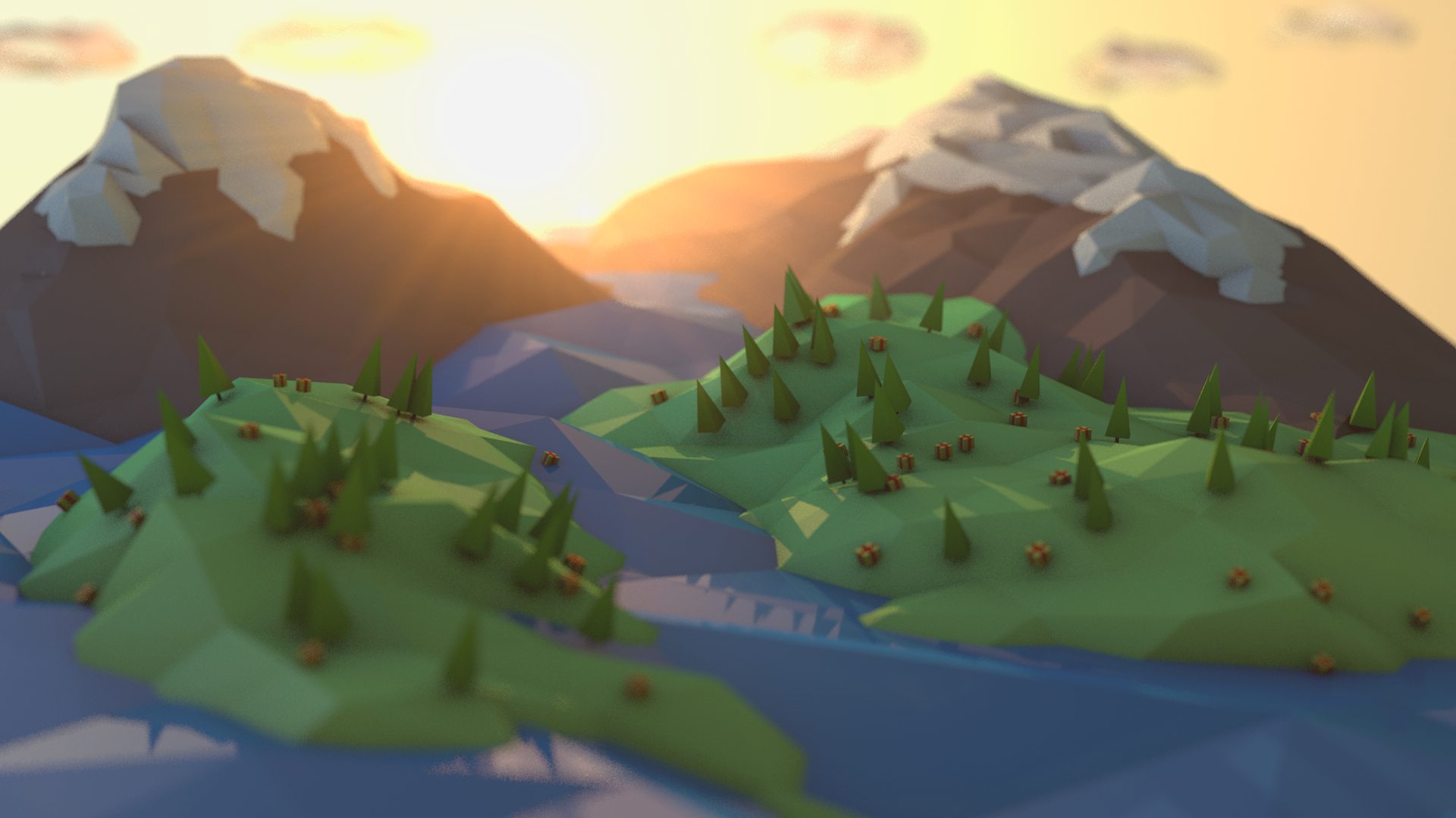 Low poly landscape with mountains, river, and trees at sunset HD Wallpaper