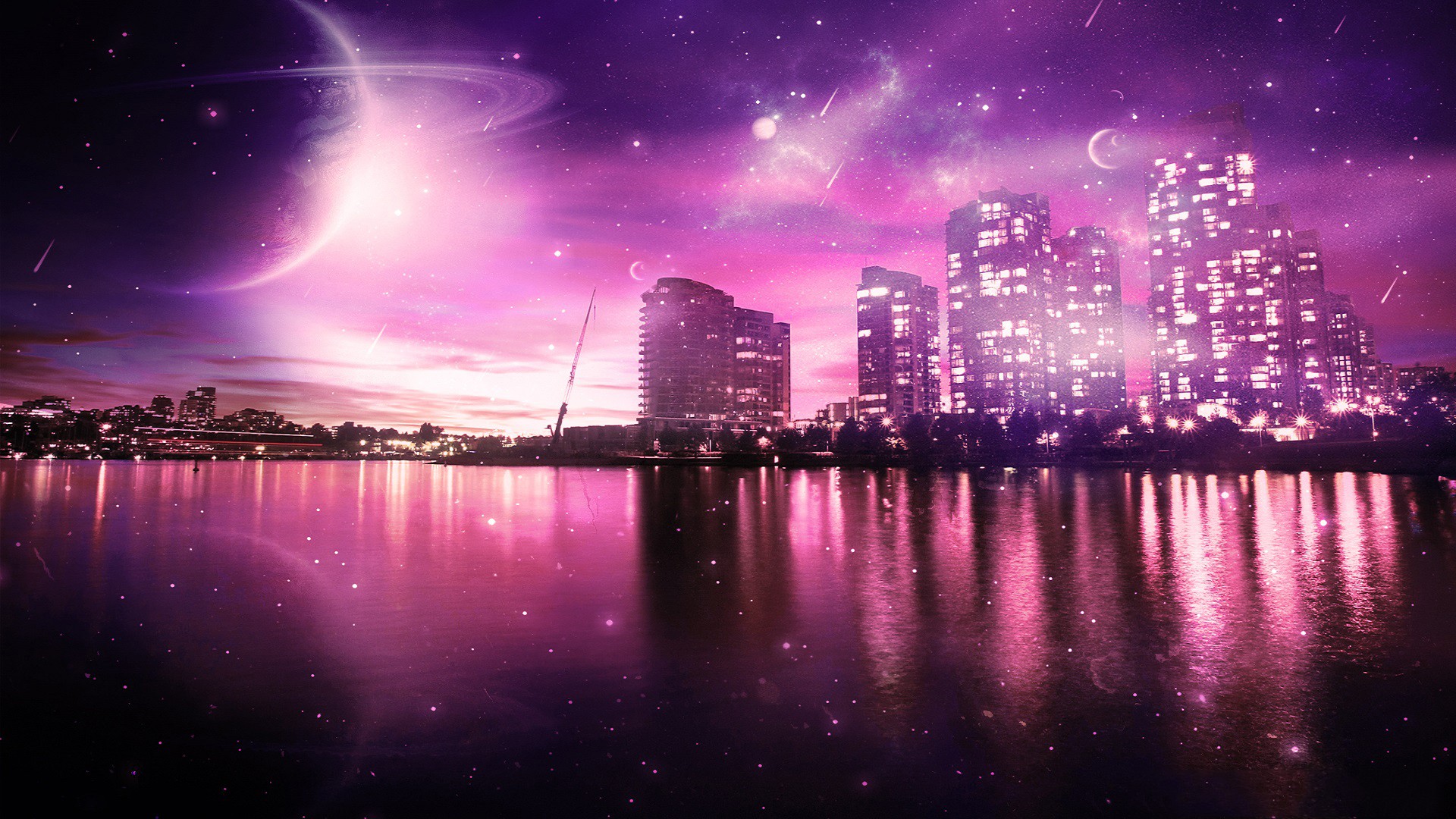 Purple futuristic city skyline at night with a planet HD Wallpaper