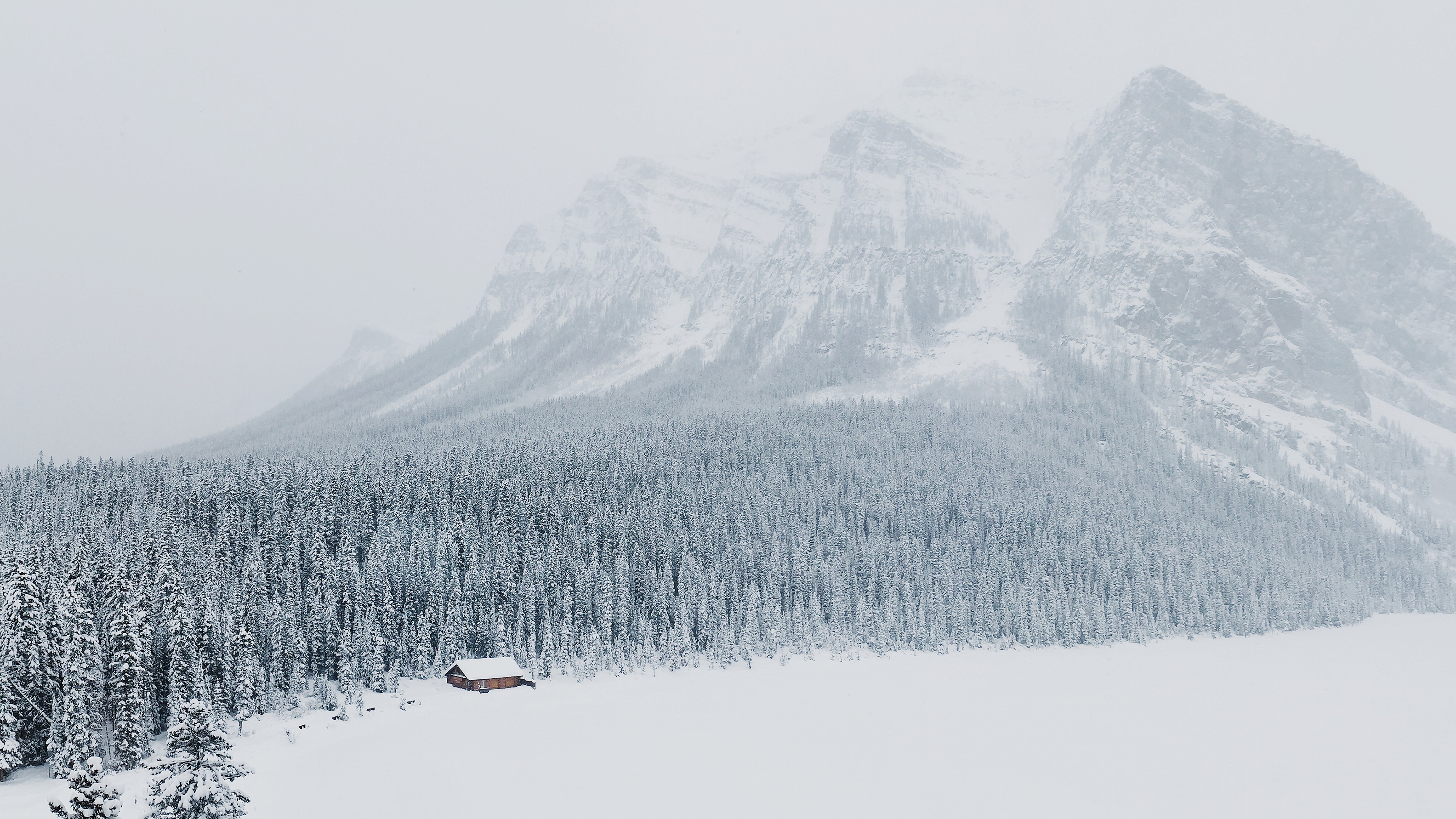 Snowy mountains and forest with a cabin HD Wallpaper