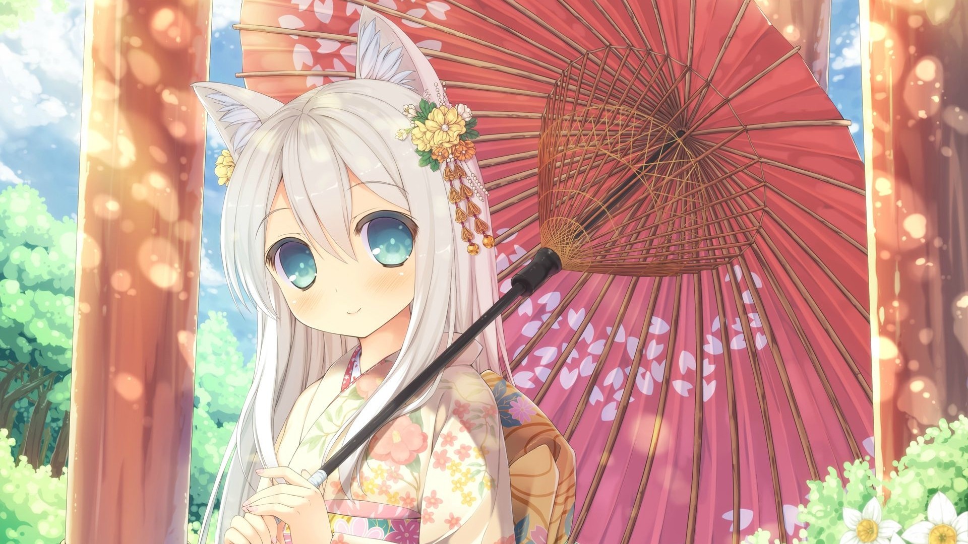 Anime Nekomimi Girl in Kimono Holding a Red Umbrella HD Wallpaper