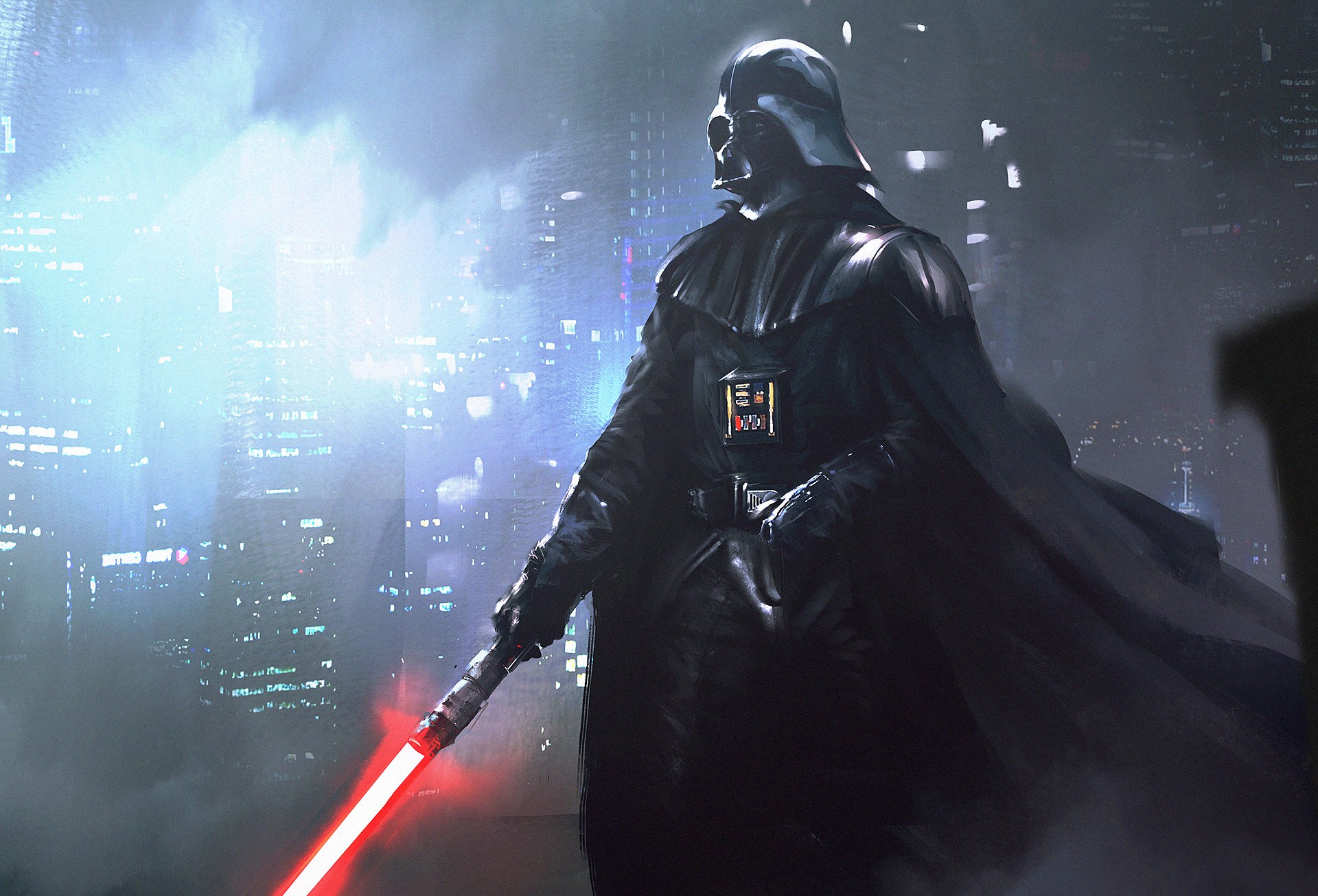 Darth Vader with Red Lightsaber in City HD Wallpaper