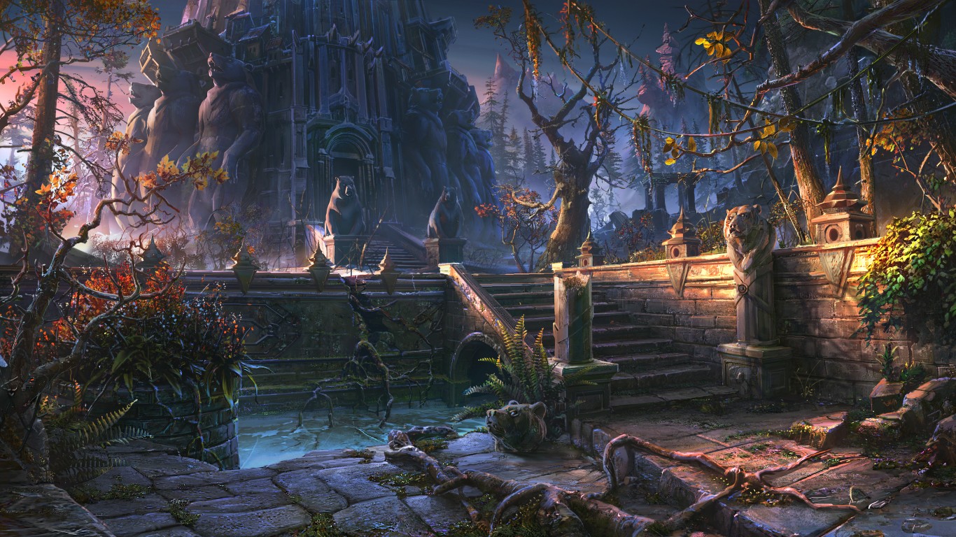 Stone bears guard a mystical castle entrance in a dark forest HD Wallpaper