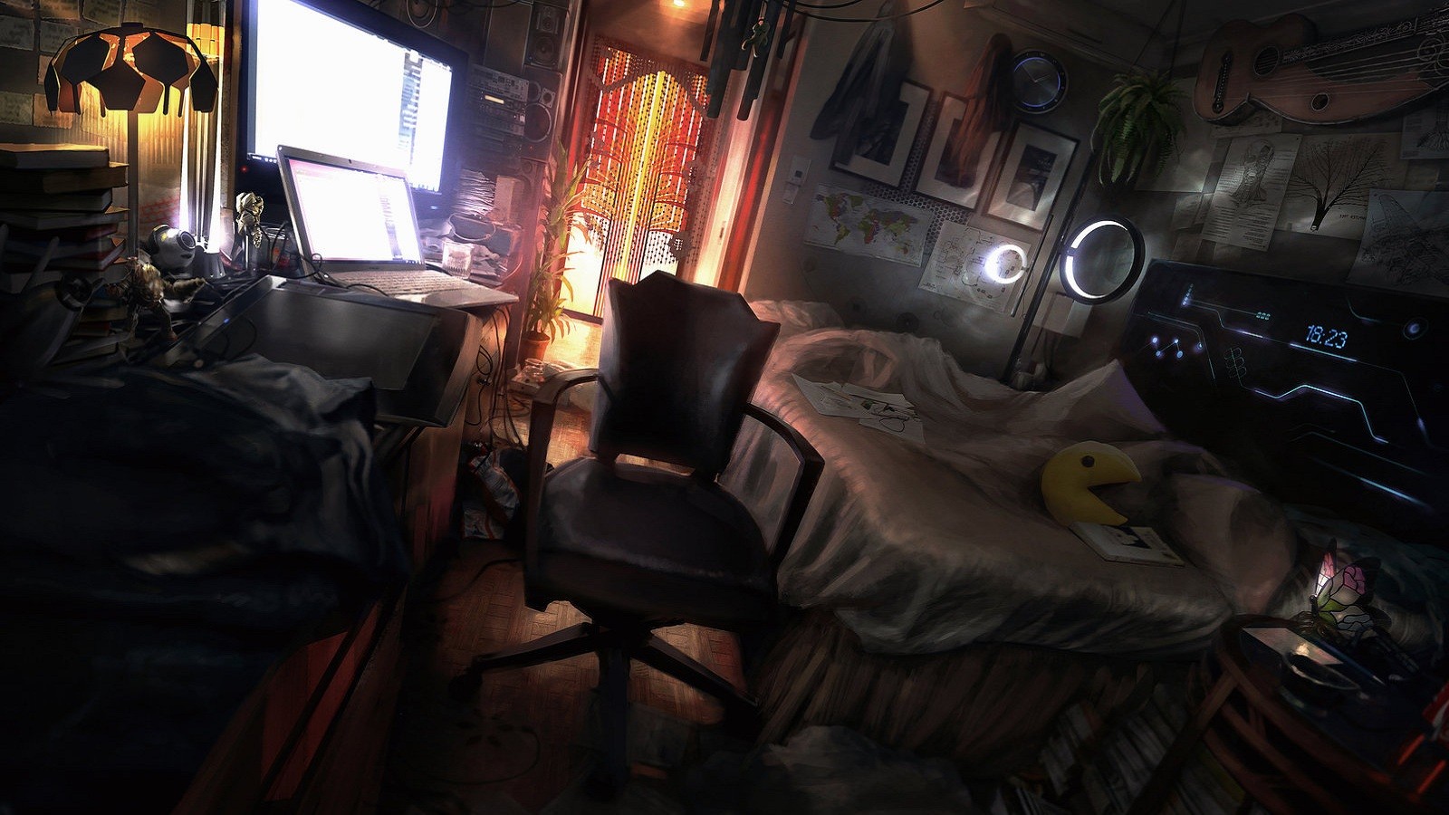 Futuristic room with computer, laptop, and bed HD Wallpaper