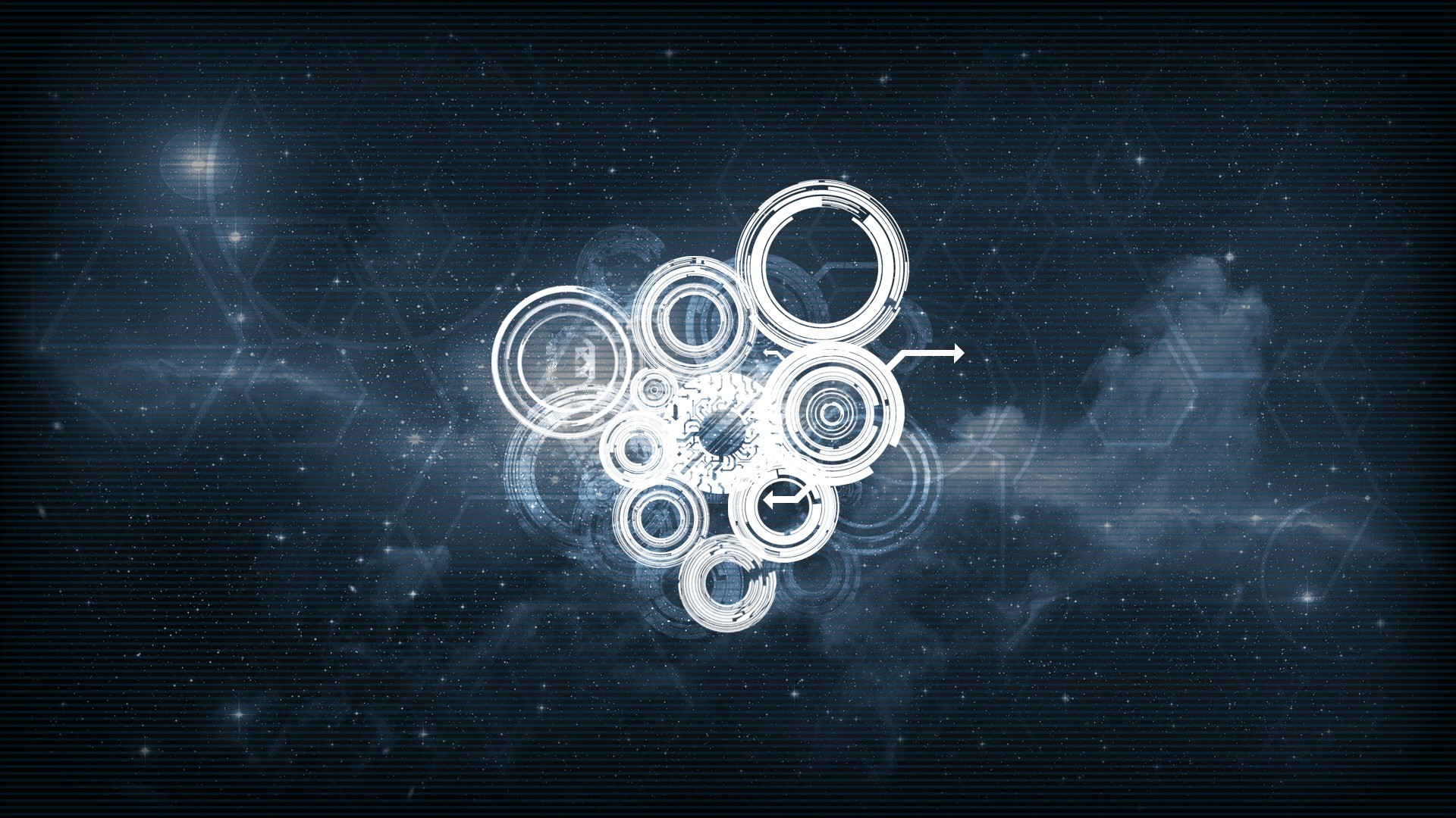 Abstract digital art with circles and space elements HD Wallpaper